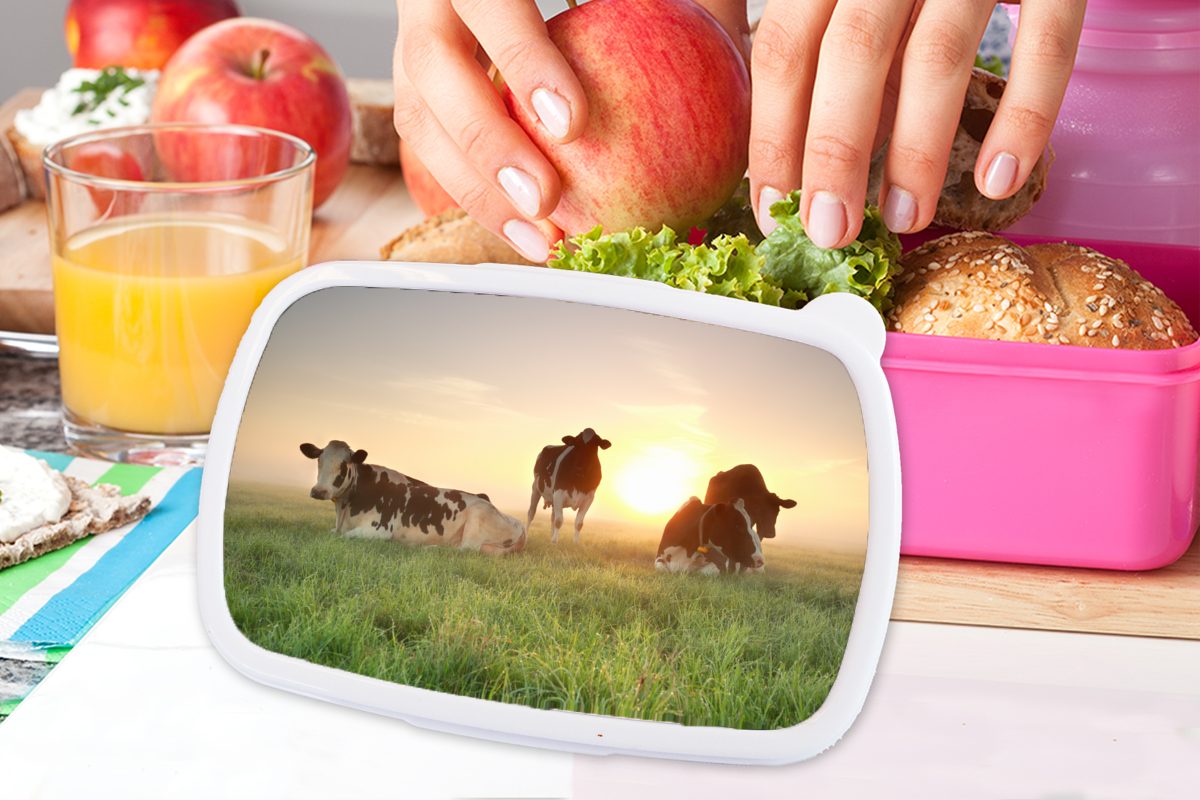 MuchoWow Lunchbox Kuh - Snackbox, für Sonne Kinder, Mädchen, Brotbox Erwachsene, Gras, Brotdose (2-tlg), rosa Kunststoff Kunststoff, 