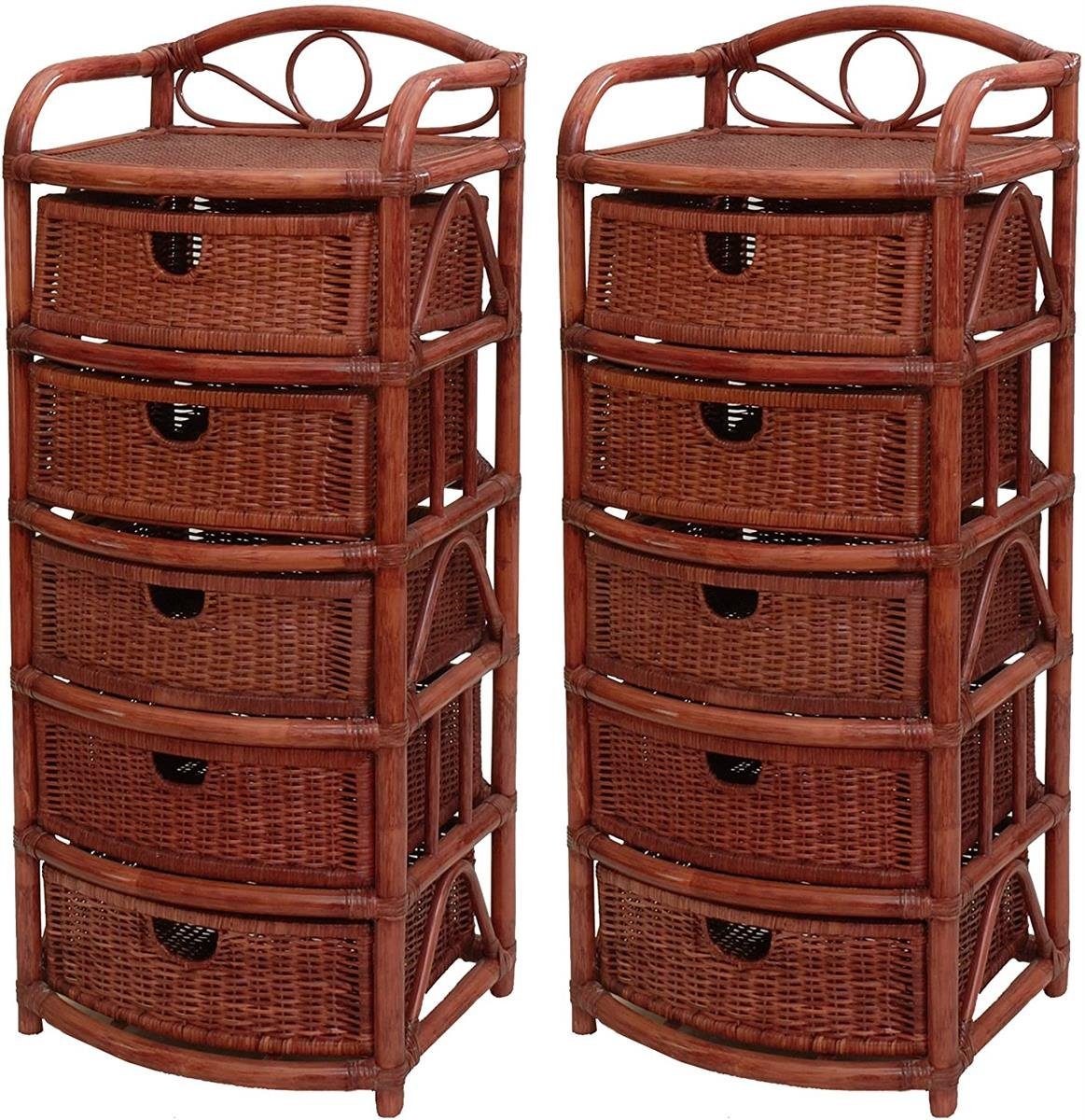 Krines Home Badregal 2er Set Regale mit 5 Schüben aus Natur-Rattan, Bad-Korbregal 53x43x129, Kommode