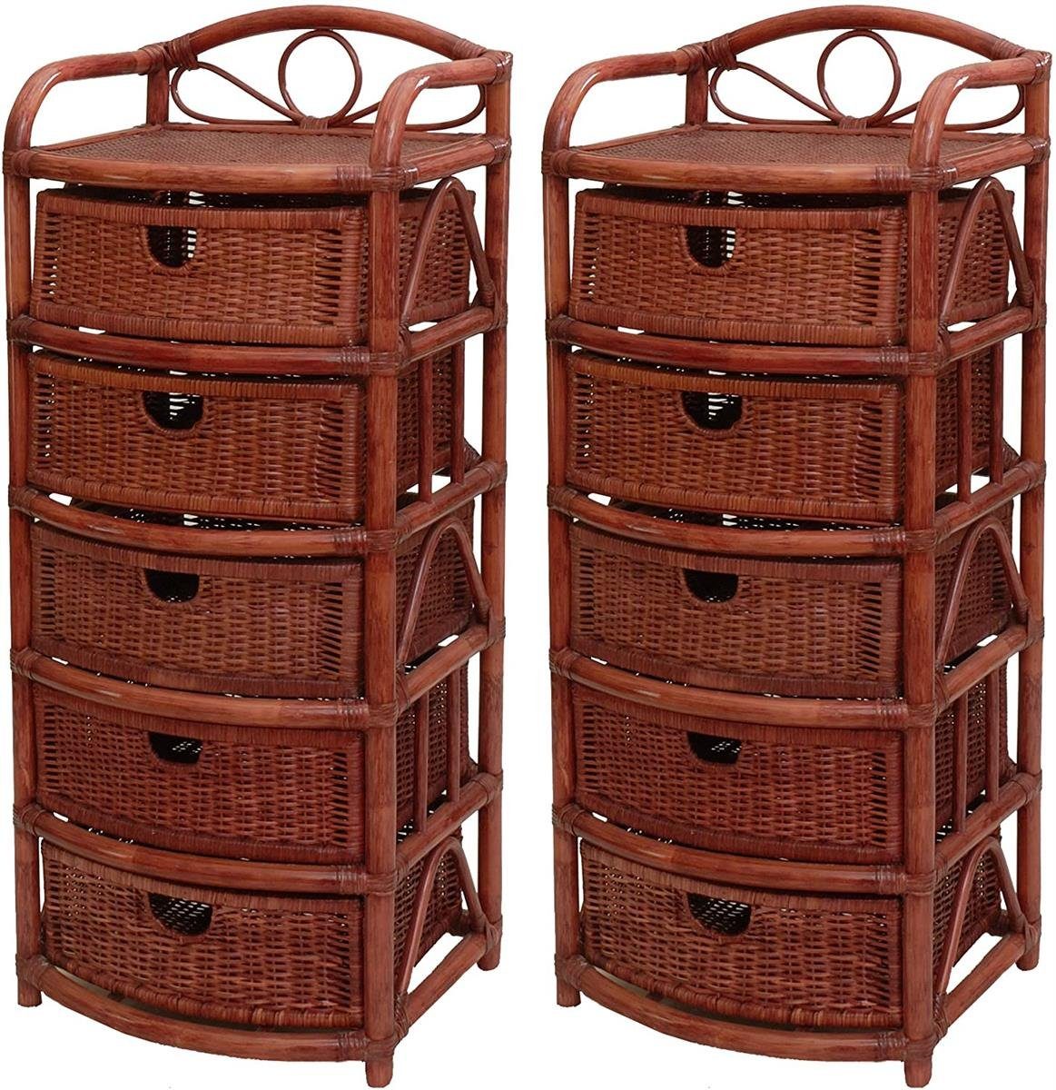 Krines Home Badregal 2er Set Regale mit 5 Schüben aus Natur-Rattan, Bad-Korbregal 53x43x129, Kommode Bordeaux Rot