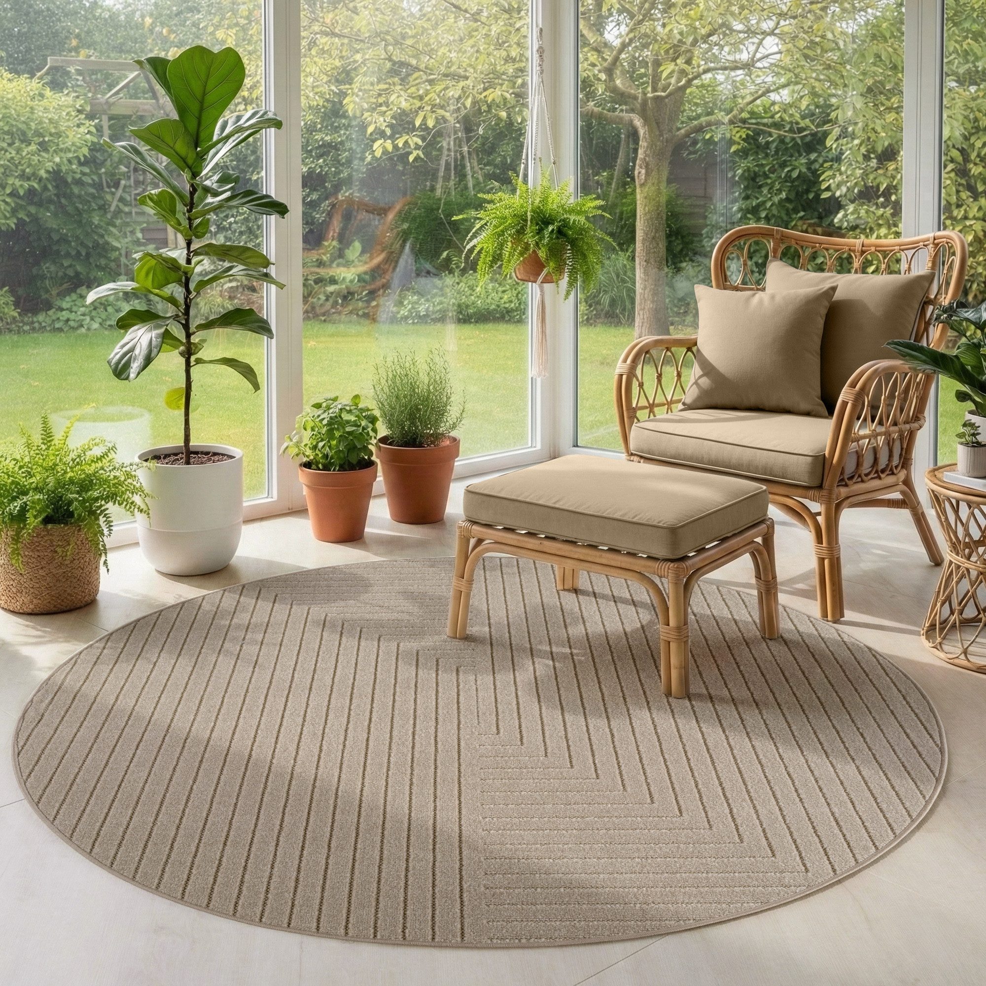 SIMPEX24 Outdoorteppich Skandinavischer 3D Design, Rund, Höhe: 5 mm, Outdoor Teppich Wetterfest Modern Wohnzimmer Küchen Terrasse Balkon