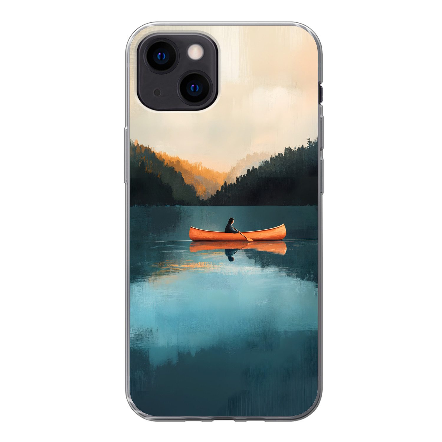 MuchoWow Handyhülle für Apple iPhone 13 mini Wälder - See - Kanu - Orange, Smartphone-Bumper, Print, Handy Schutzhülle Dünn