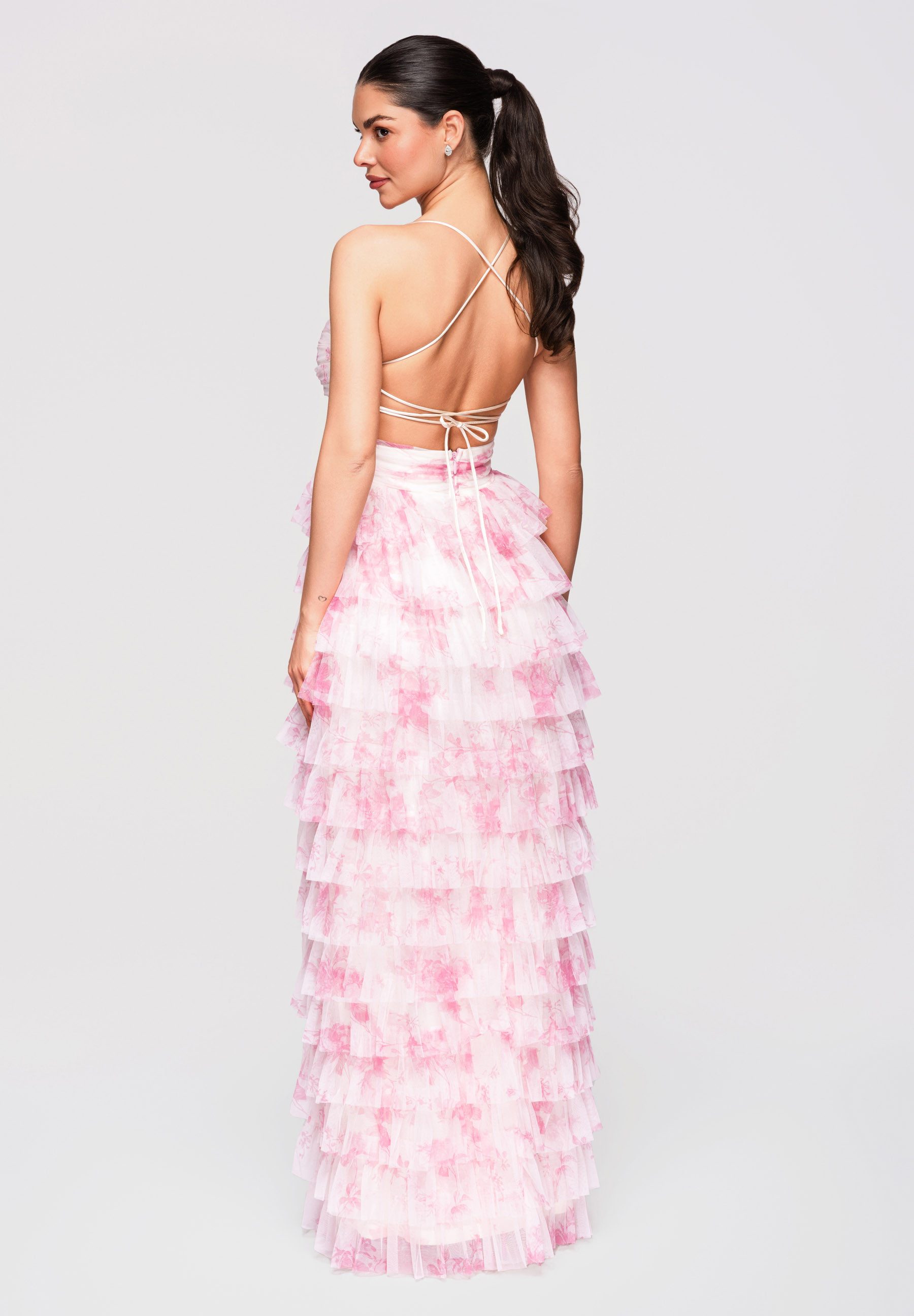 OMBRE Abendkleid Maxikleid Abendkleid Tüll mit Schnürung Rose S (kein Set, 1-tlg) Offener Rücken mit gekreuzten Bändern und regulierbarer Schnürung