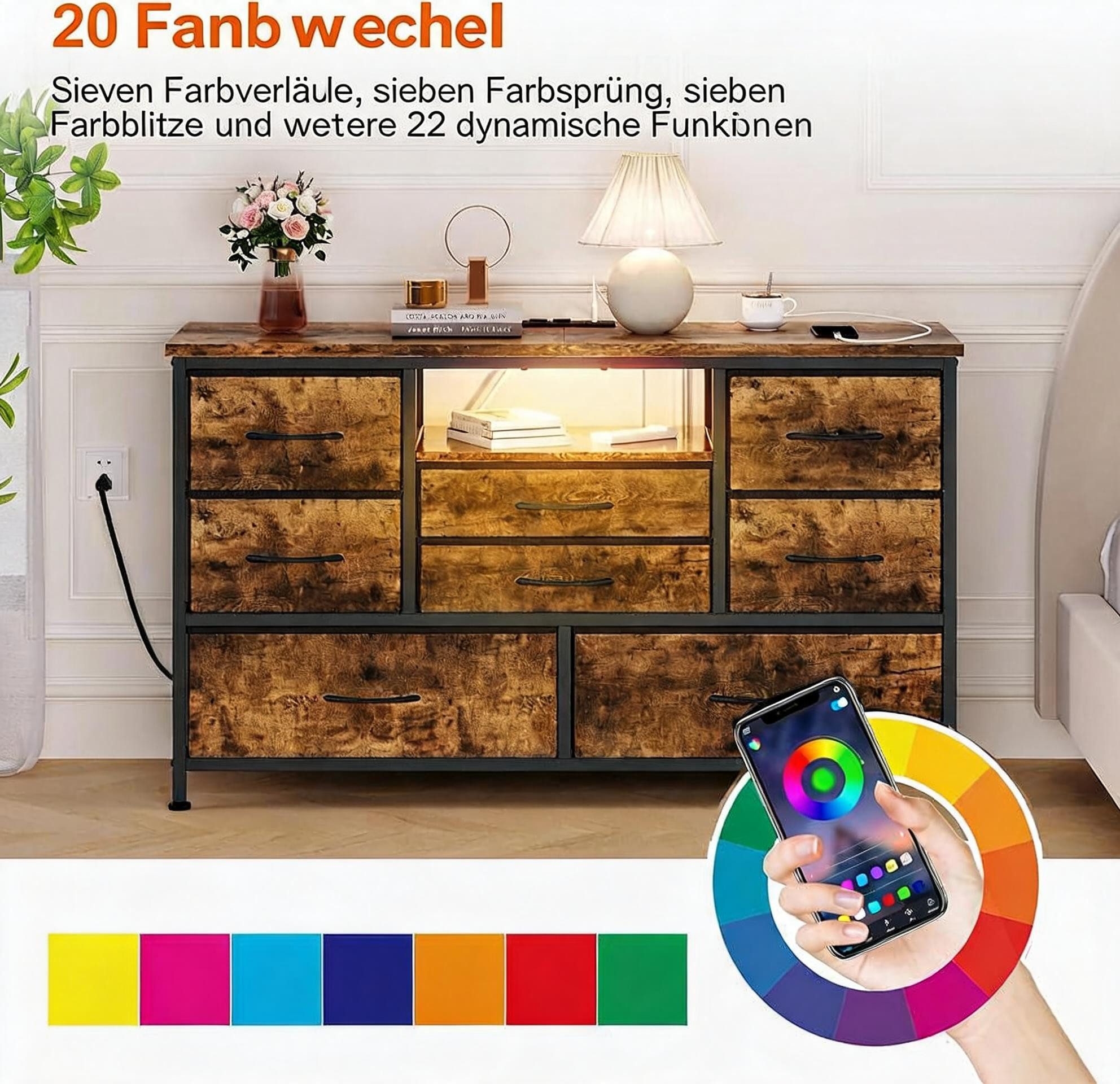 GarveeMore Kommode Kommode mit 8 Stoffschubladen, TV-Lowboard mit LED- Ladestation, Aufbewahrungsmöbel für Kinderzimmer