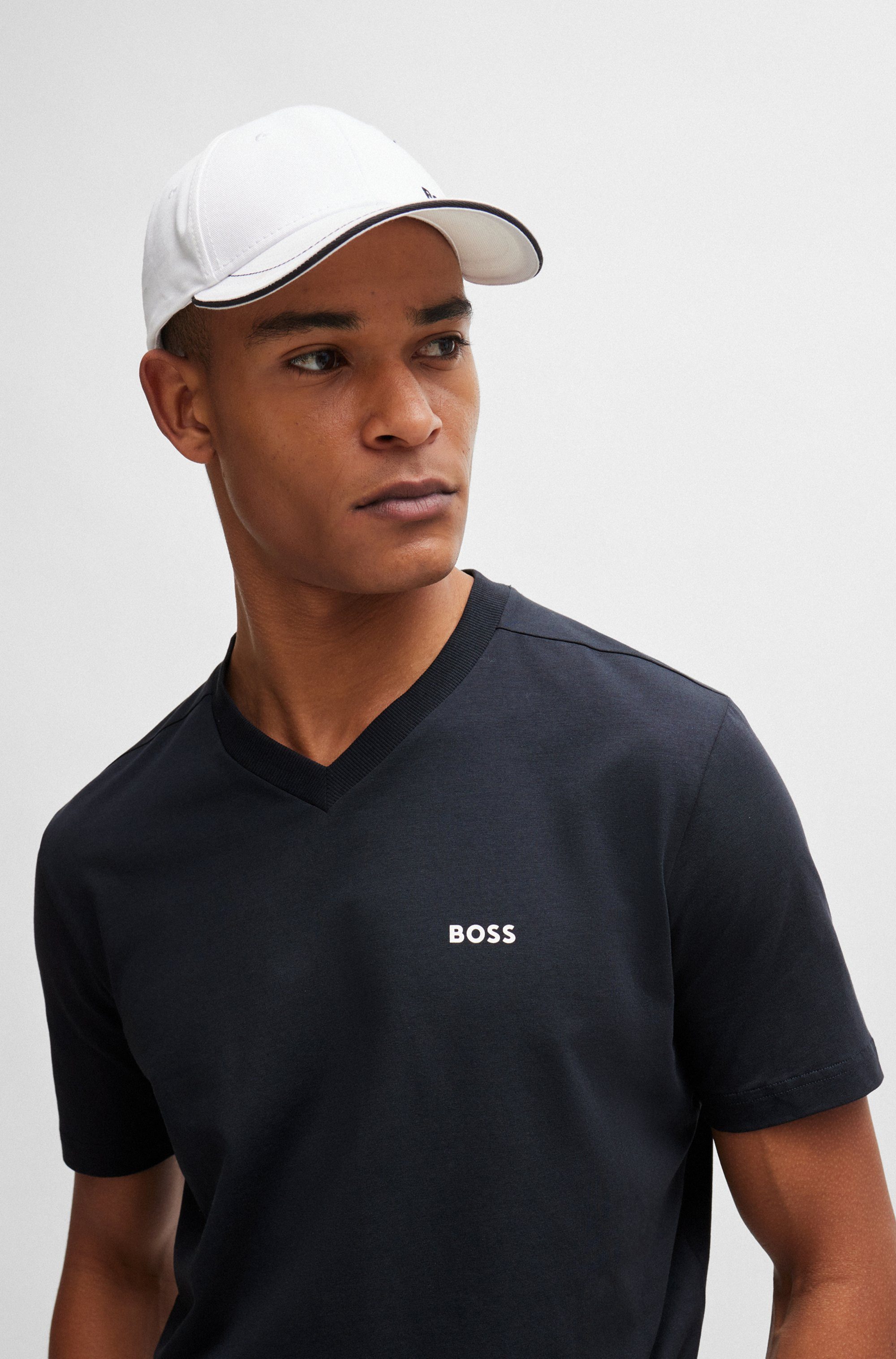 BOSS GREEN T-Shirt Tee V Regular Fit Stretch Jersey Cotton, Logo on Chest, V Ausschnitt