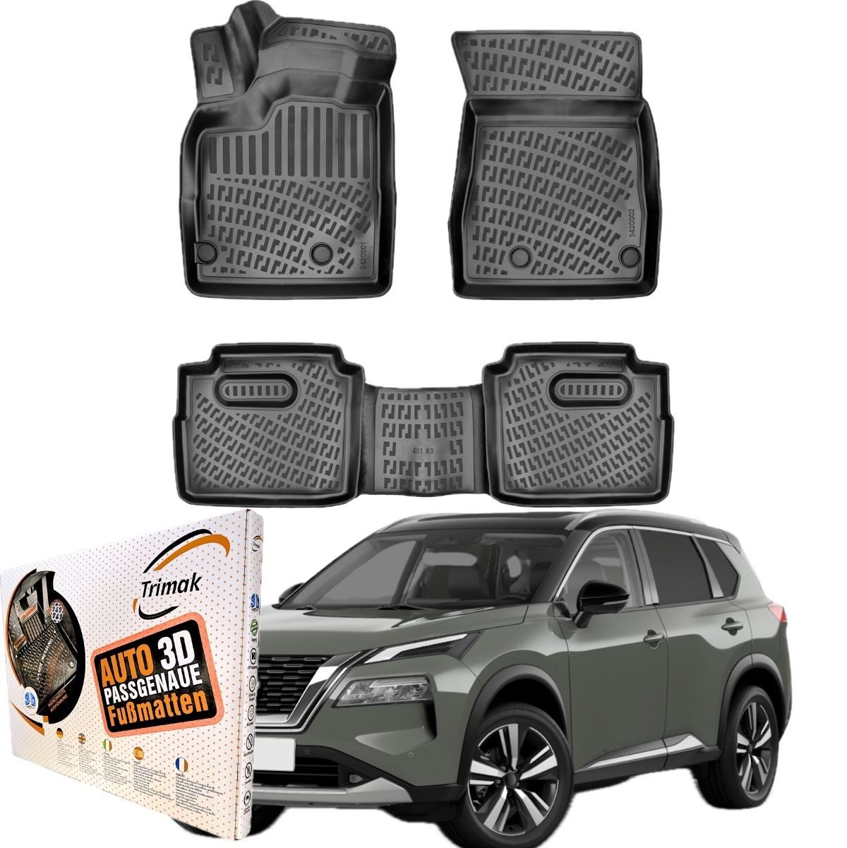 Trimak Passform-Fußmatten Oder Kofferraumwanne Oder Set für Nissan X-Trail, Nissan X-Trail Mild Hybrid ab 2021 Gummimatten Auto TPE Allwetter