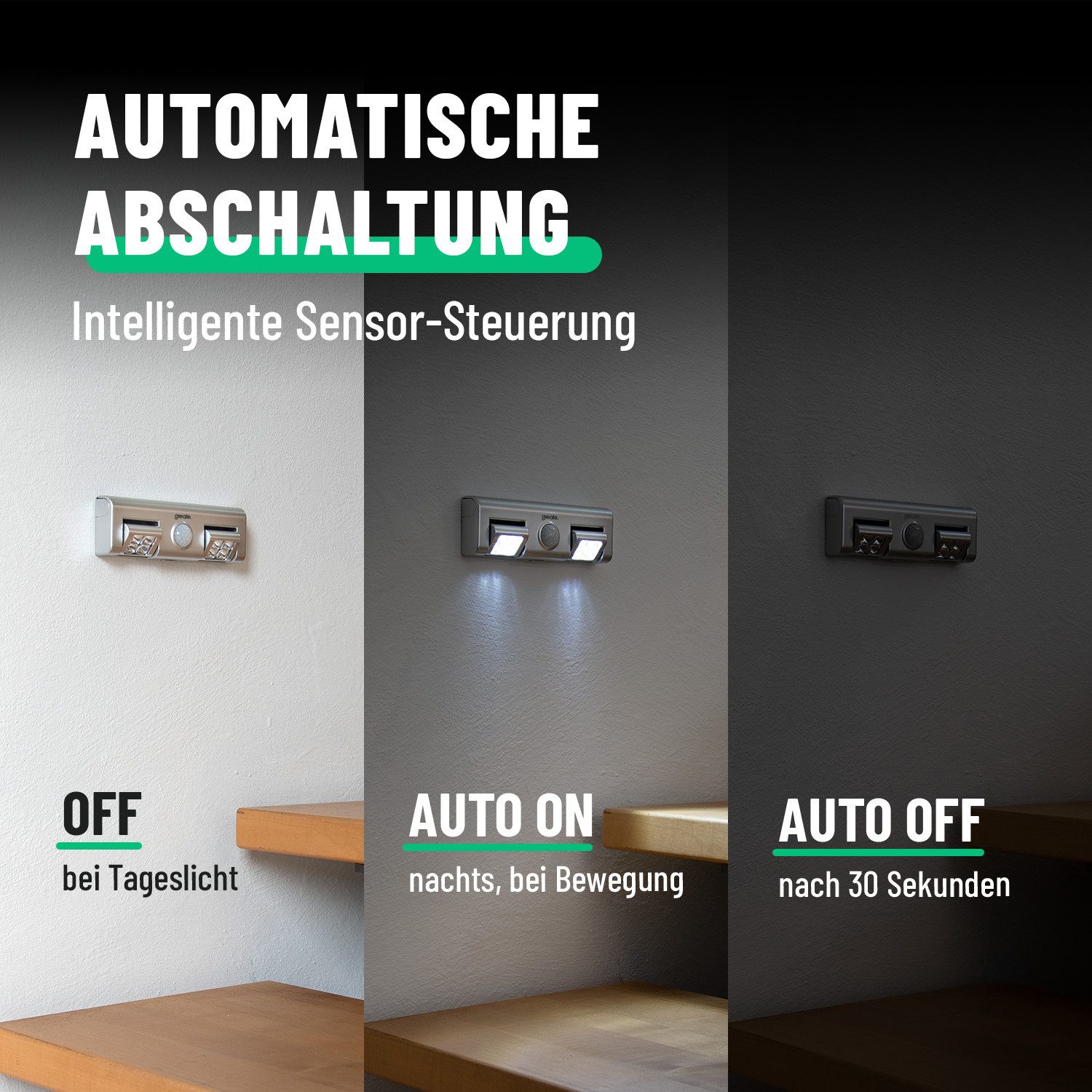greate. Unterschrankleuchte 2x LED Licht mit Bewegungsmelder & Tageslichtsensor batteriebetrieben – Bild 5 von 5