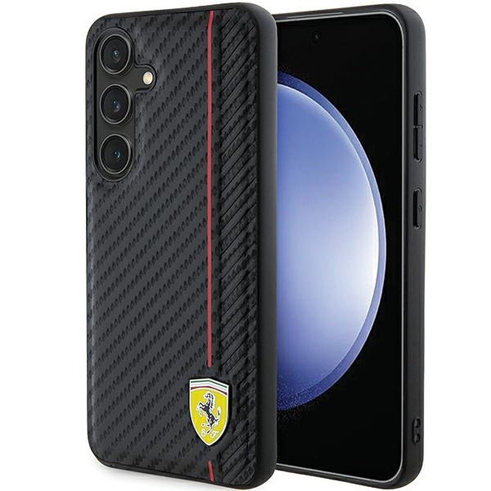 Ferrari Handyhülle Carbon Streifen Cover, Carbon-Optik, Kontraststreifen, Metall-Logo, Kameraschutz