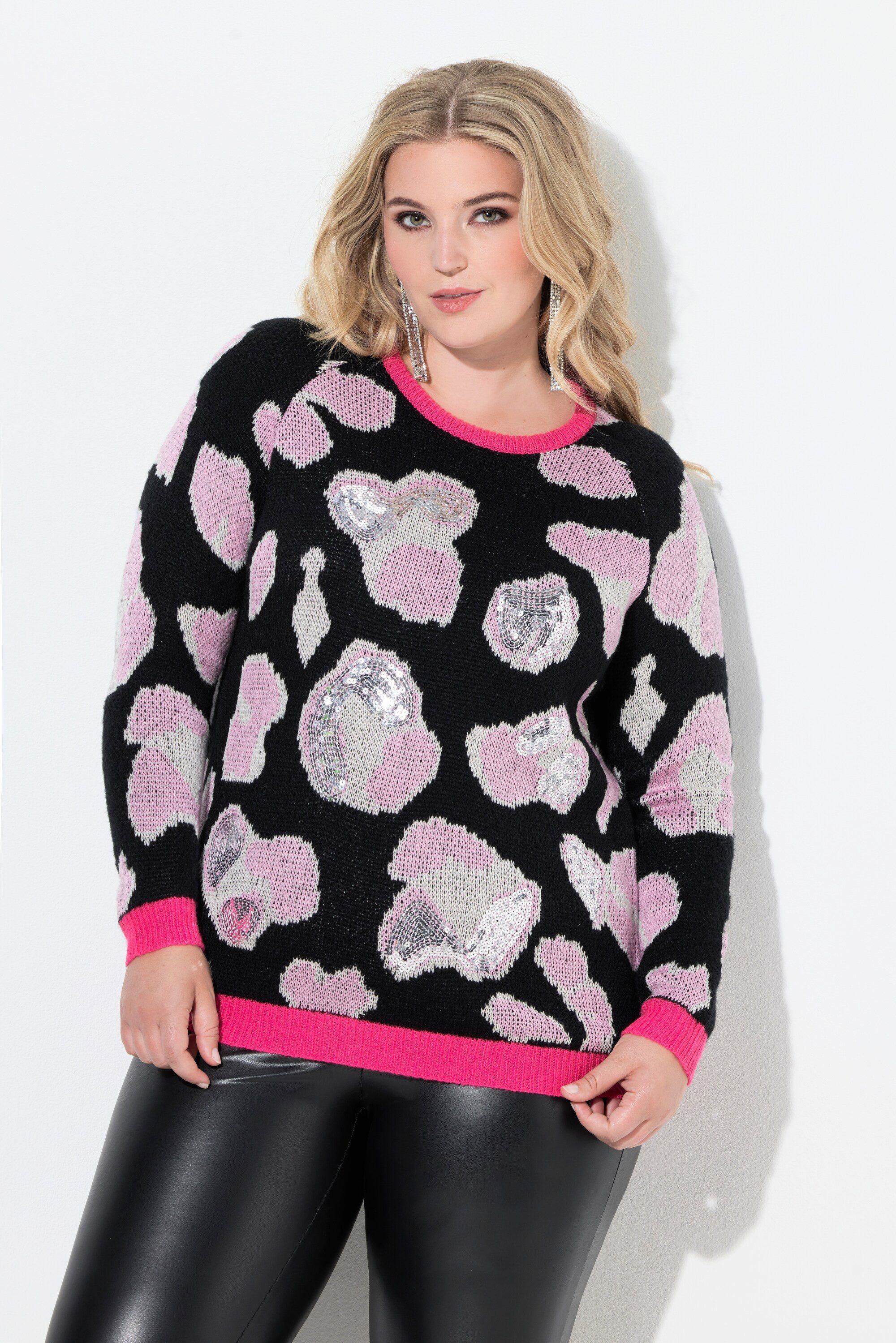 MIAMODA Strickpullover Pullover Pailletten Leomuster Raglan-Langarm