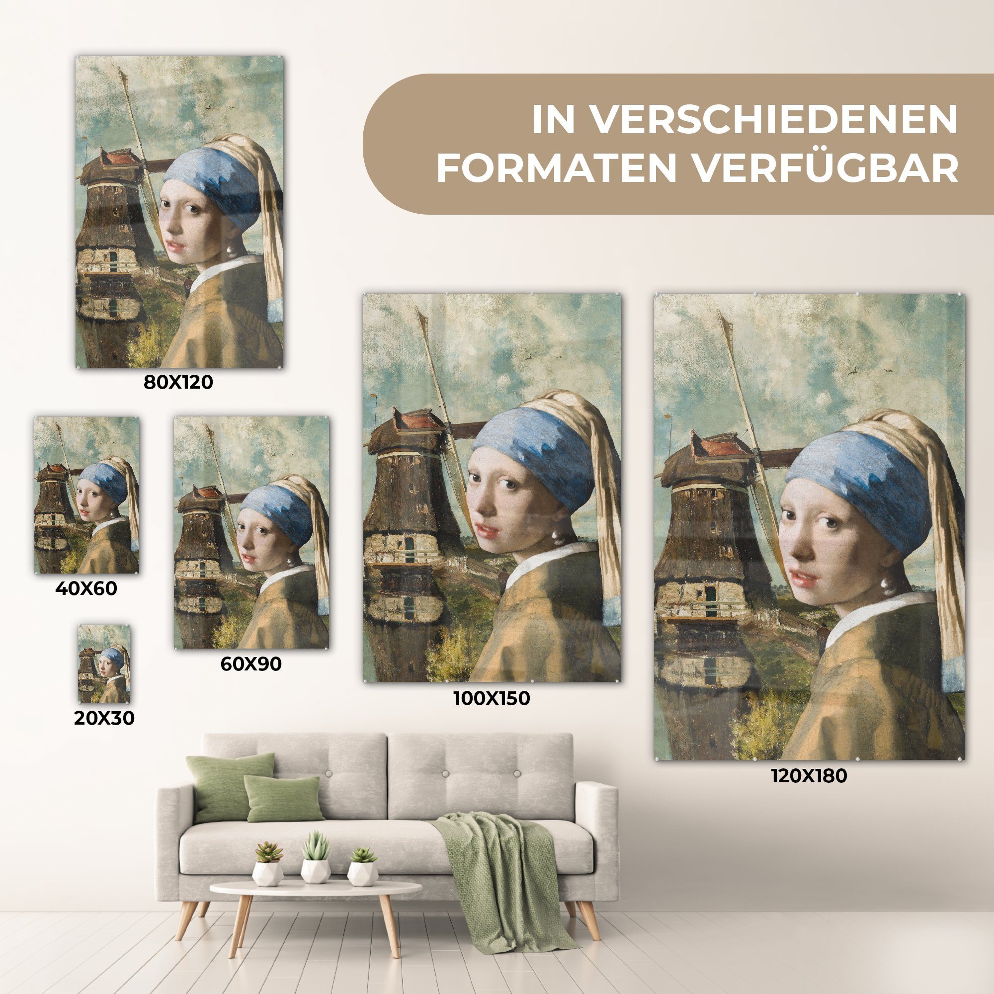 Mädchen auf Glas Acrylglasbild - Foto Johannes bunt Glas Vermeer St), - auf Bilder Glasbilder Das - mit Perlenohrring - Wandbild - MuchoWow Wanddekoration dem (1 Mühle,