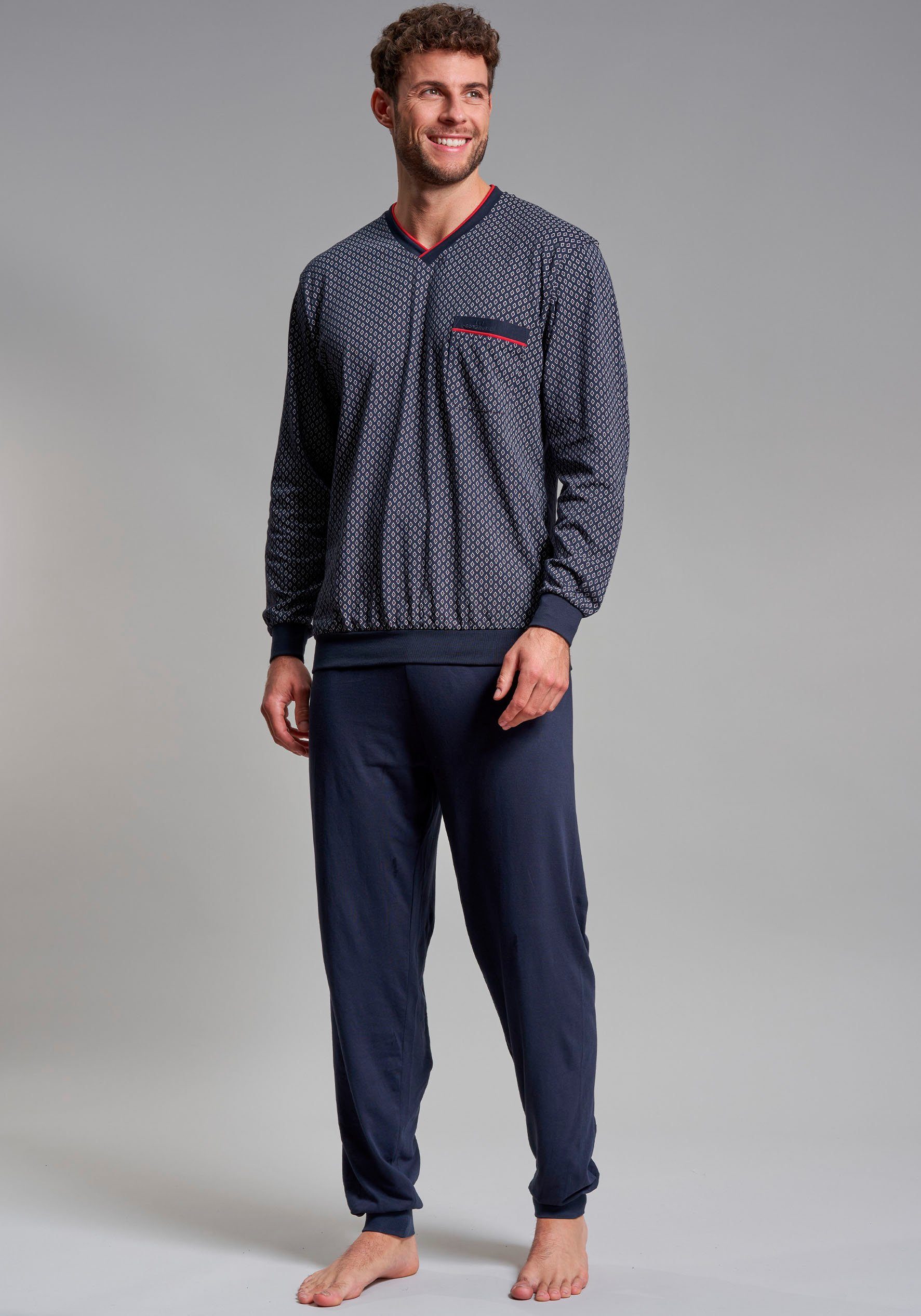 GÖTZBURG Pyjama Manhattan (2 tlg) Langarm, V-Ausschnitt, lange Hose, V-Ausschnitt, Baumwolle