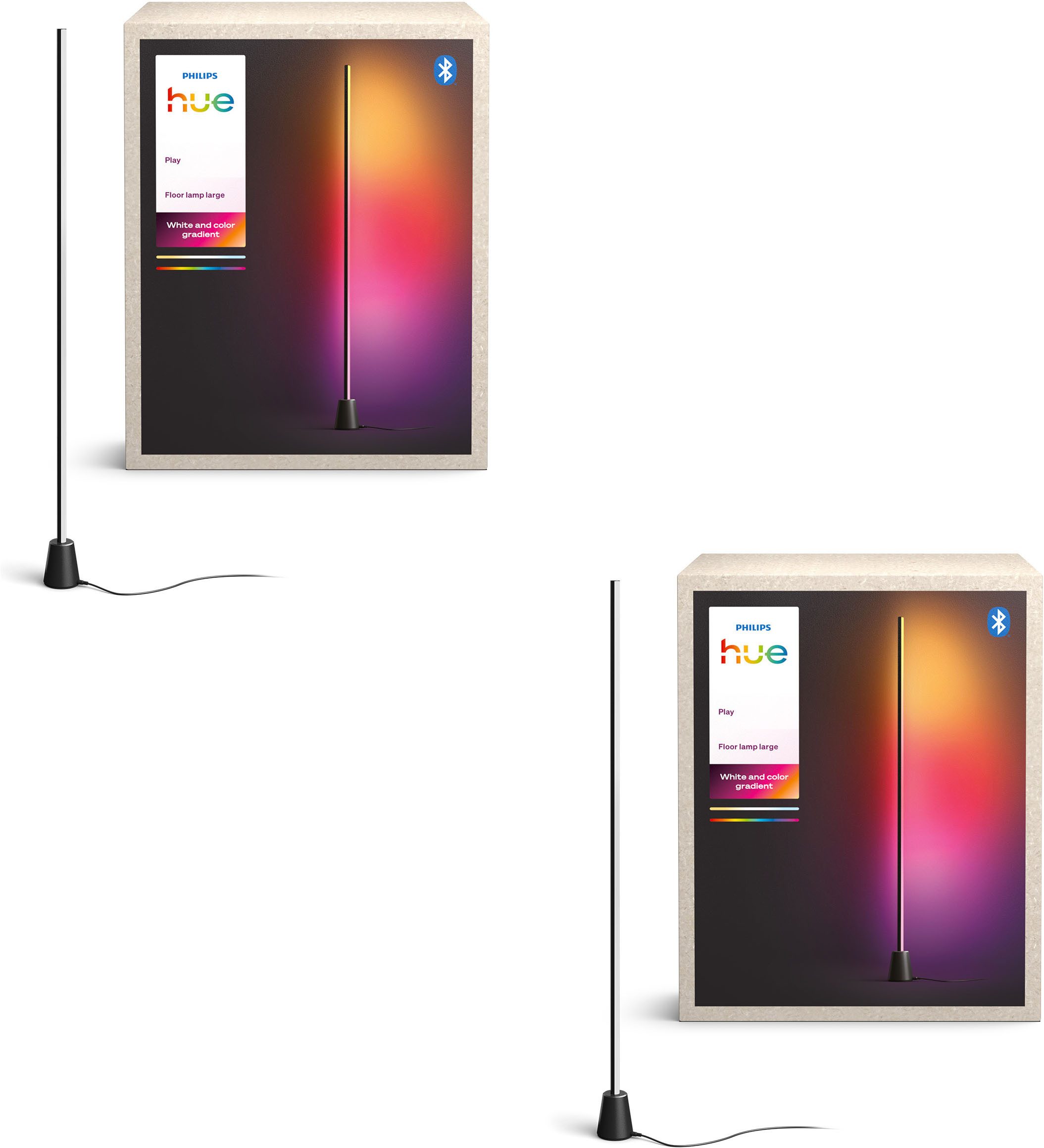 Philips Hue LED Stehlampe Doppelpack Play Stehleuchte, 135 cm, RGBW, Weiß & Farbverläufe, Abschaltautomatik, Bluetooth, Dimmfunktion, Einschlafhilfe, Farbsteuerung, Farbwechsel, Leuchtdauer einstellbar, Memory, nach Trennung vom Netz, RGB, Smart Home, Softlichtstart, Tageslichtsensor, Timerfunktion, Weckerfunktion, erweiterbar, LED fest integriert, RGB, App‑ & Sprachsteuerung, TV Sync, smart steuerbar