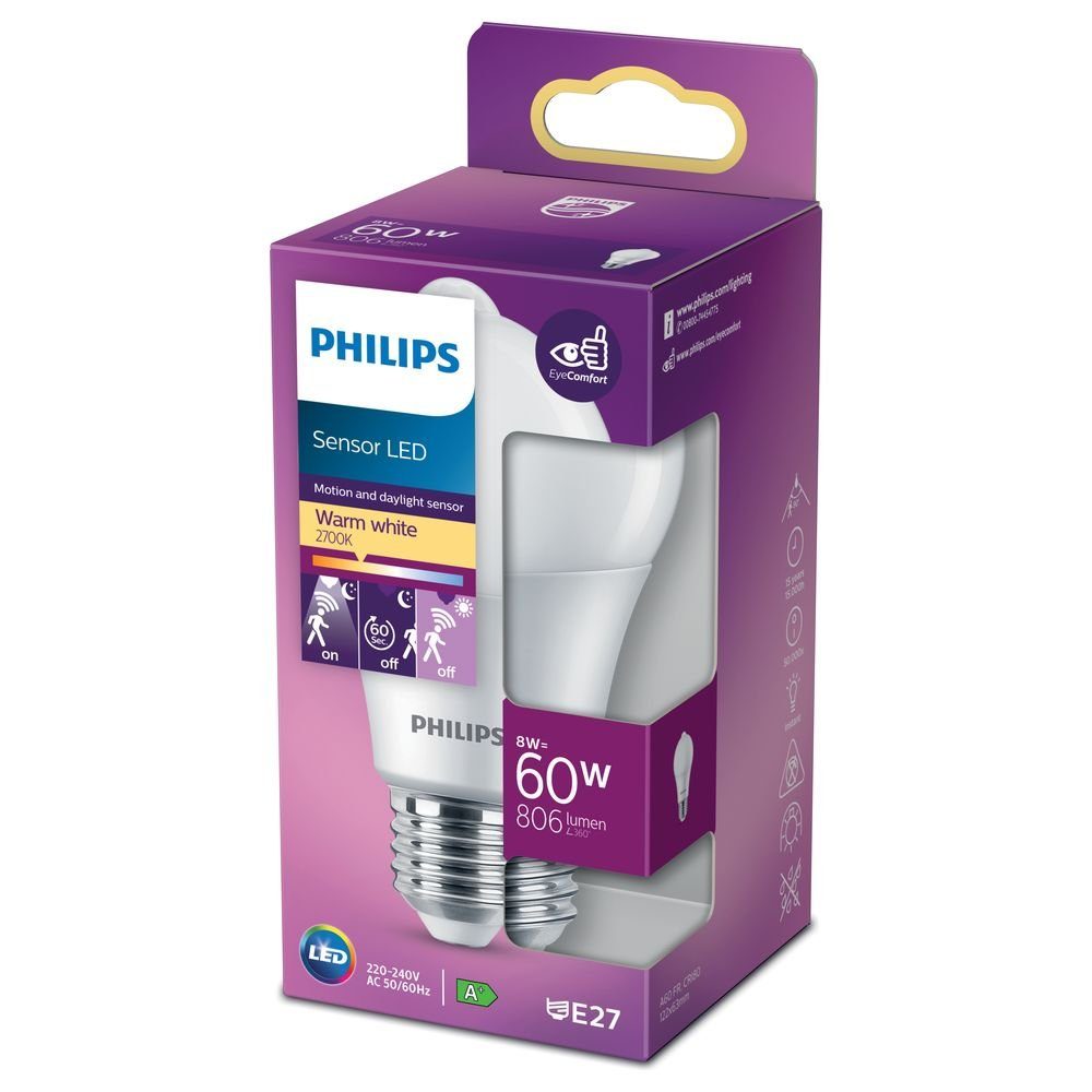 warmweiss 60W, Lampe ersetzt LED Philips n.v, E27, Bewegunsmelder mit LED-Leuchtmittel