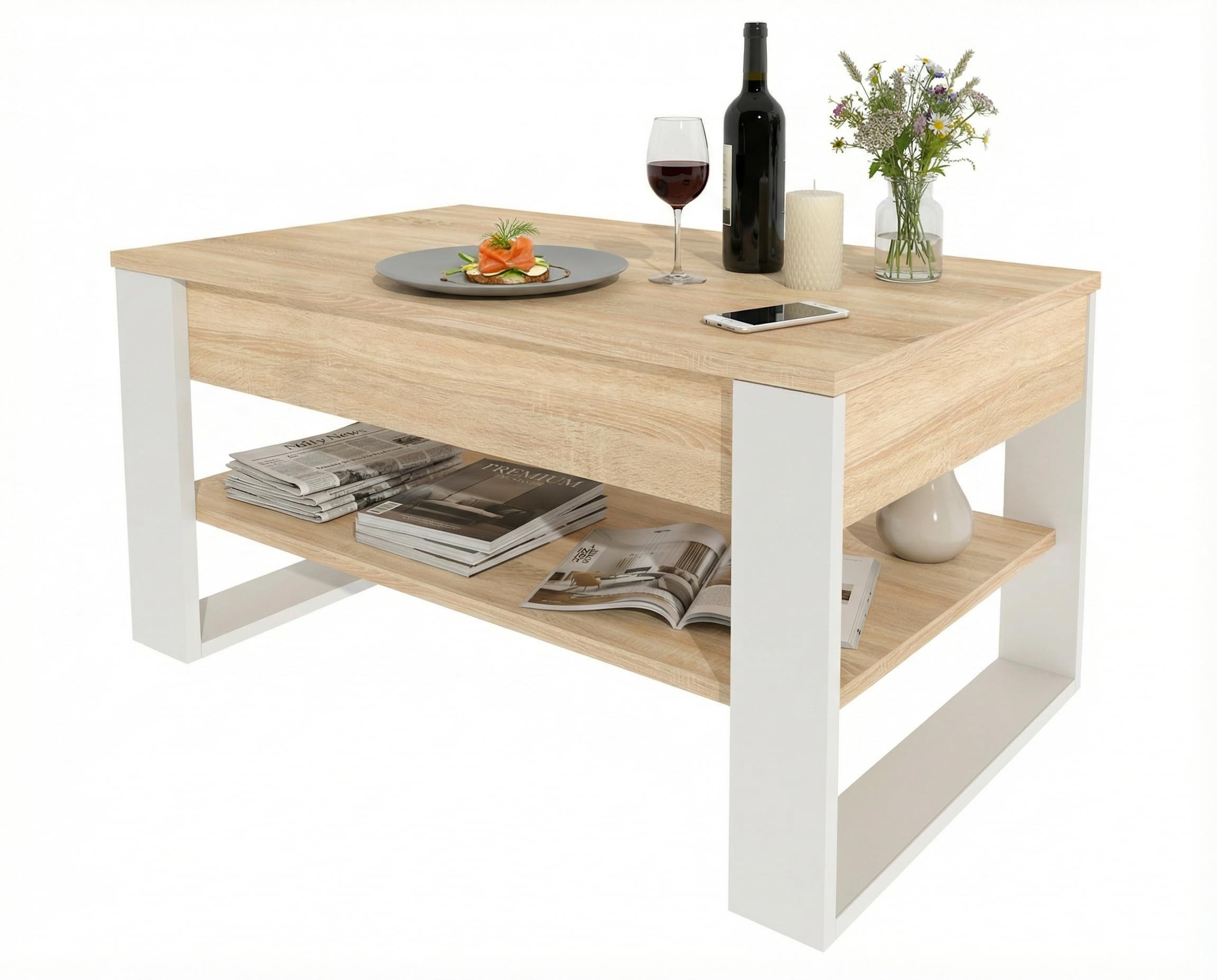 TREND WERK Couchtisch Lift-Couchtisch höhenverstellbar Sofatisch 92×54 cm mit Stauraum, verstecktem Fach Wohnzimmertisch Holz modern
