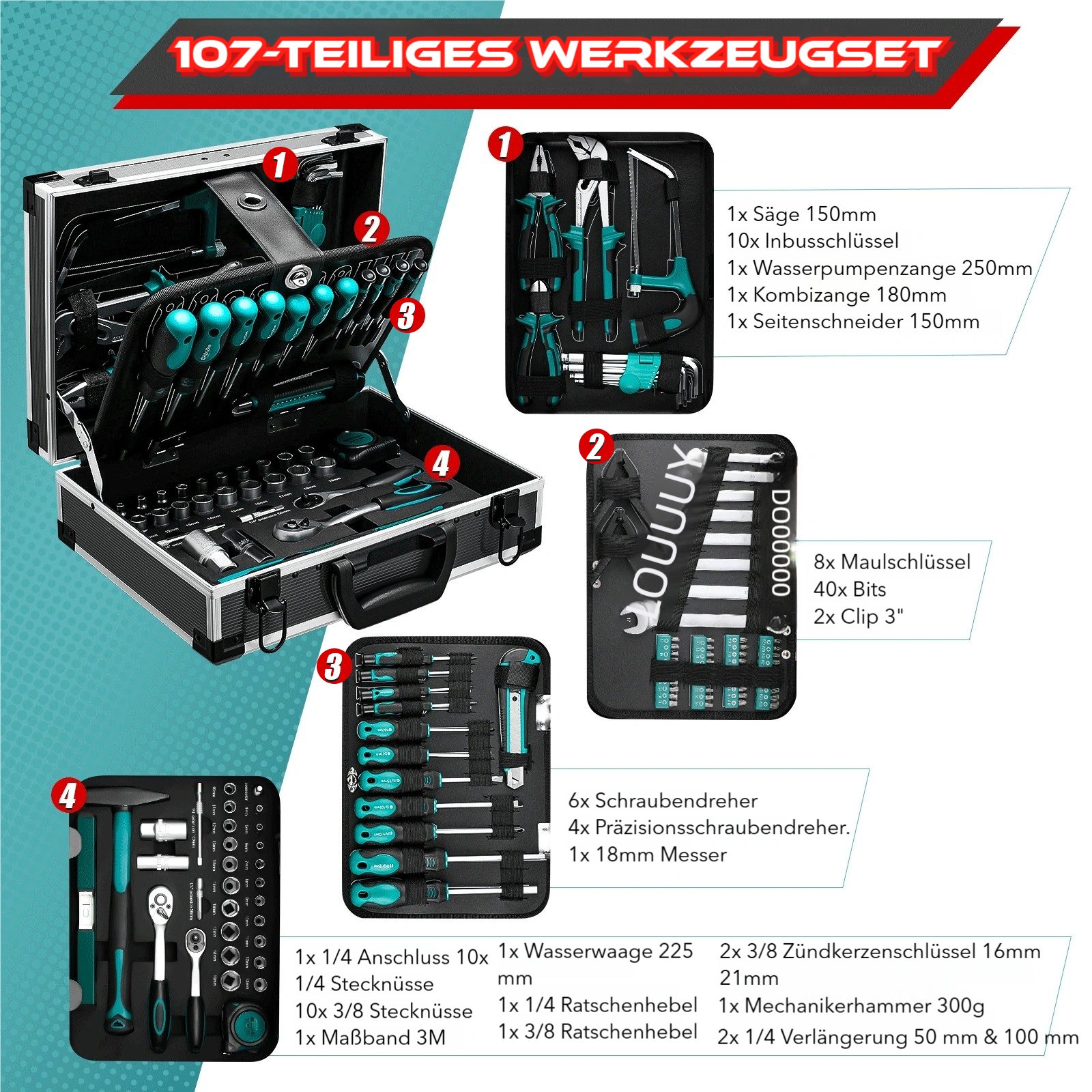 TLGREEN Werkzeugkoffer Alu-Werkstattkoffer Gefüllt 107-tlg Werkzeug Set, für DIYer Handwerks-Meister Haushalt Werkstatt