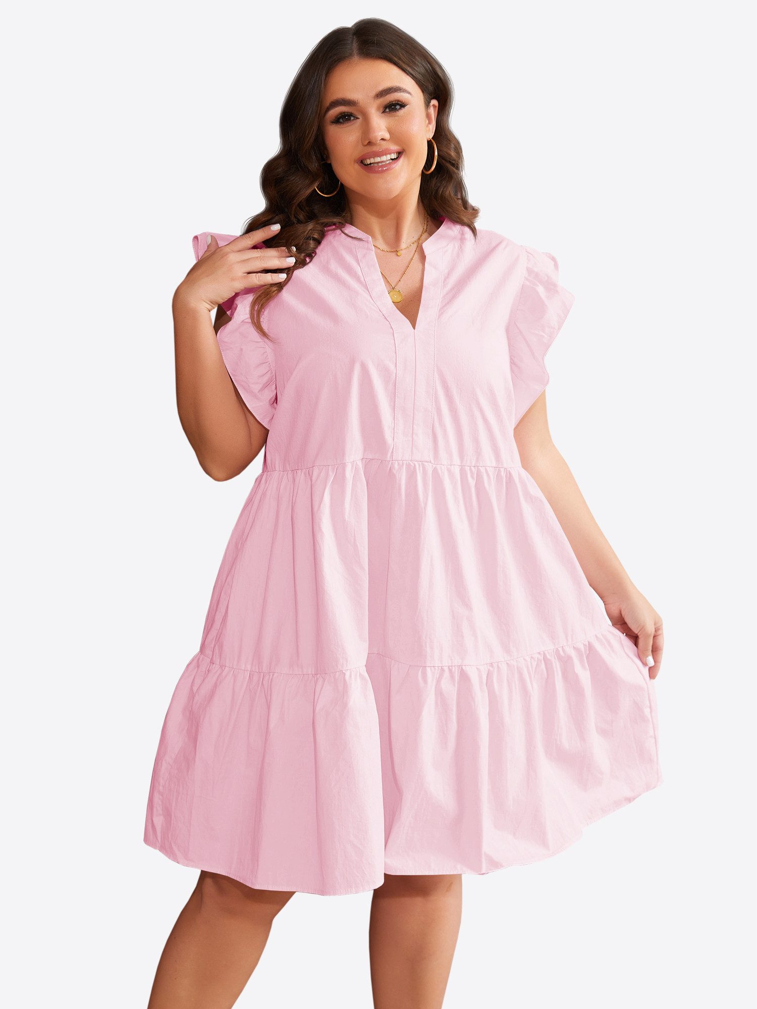 Imily Bela Minikleid Damen Oversize Kurzarm V-Ausschnitt mit Rüschenärmeln A-Linie Sommer (Packung, 1-tlg., 1per-Pack) mit gerüschtem Rock aus Baumwolle in Unifarbe