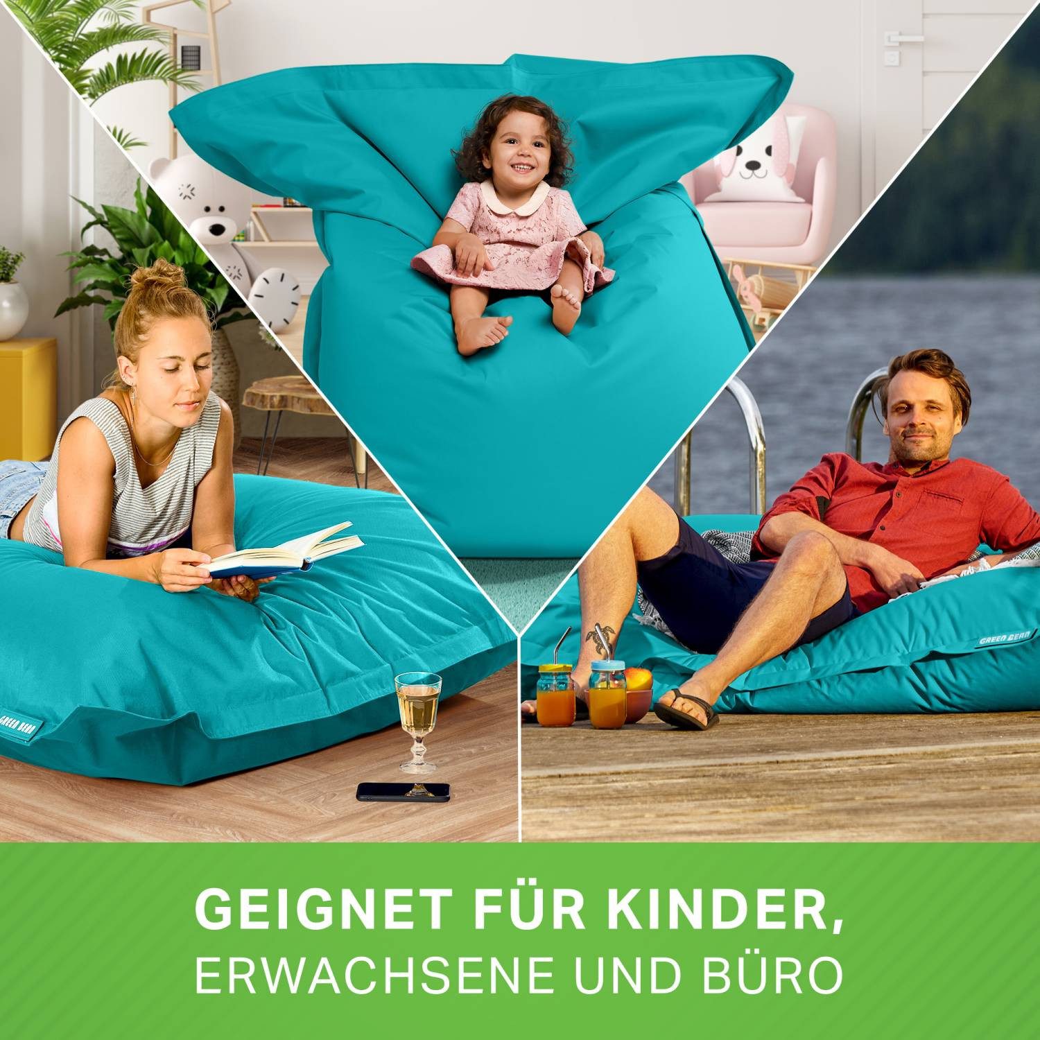 Green Bean Sitzsack XXL Outdoor Sitzsack Square 140x180cm (XXL Riesensitzsack 140x180cm 380 Liter Kinder & Erwachsene Bean Bag EPS Perlen Füllung, Groß Draußen  – Bild 3 von 5