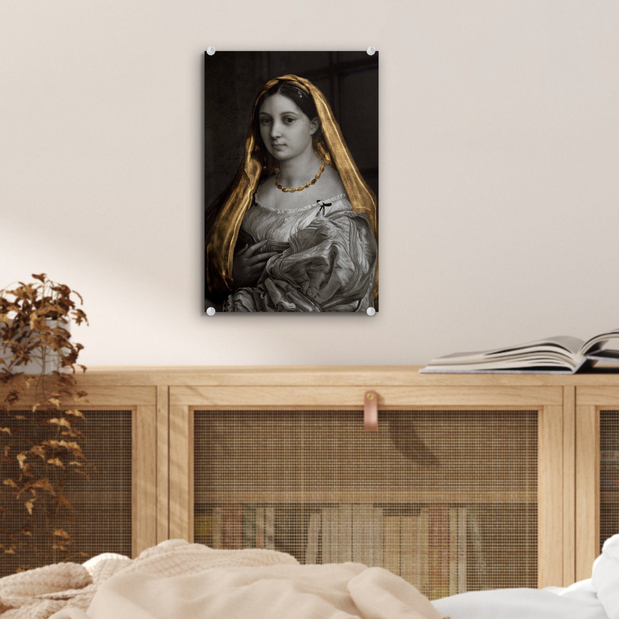 MuchoWow Acrylglasbild Raffaello Glas Wandbild auf Glas Frau - - auf Sanzio Gold, Wanddekoration verschleierte - Bilder St), (1 - Glasbilder Foto Die 