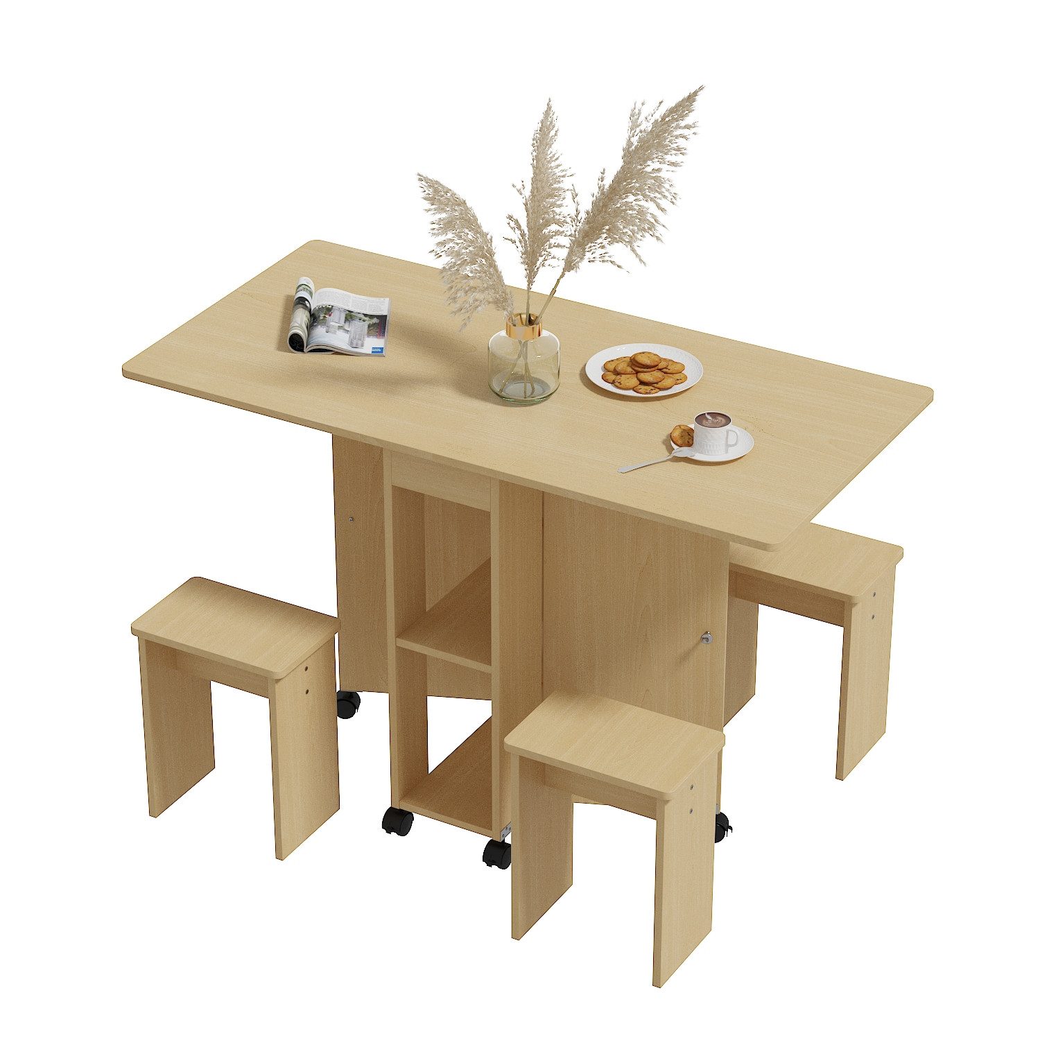 FUFU&GAGA Klapptisch Klappbarer Esstisch mit Hocker und Rollen, MDF, Natur, günstig online kaufen