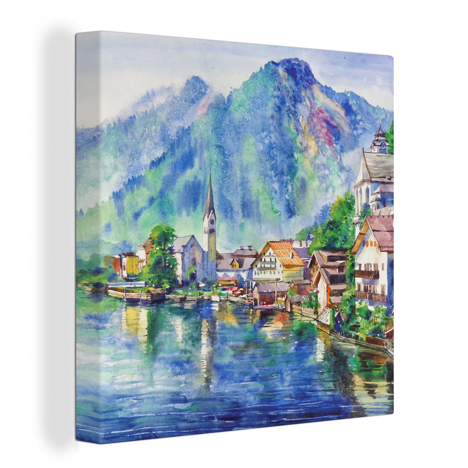 OneMillionCanvasses® Gemälde Gemälde - Ölfarbe - Haus - Berge - Wasser, (1  St), Leinwand Bilder für Wohnzimmer Schlafzimmer
