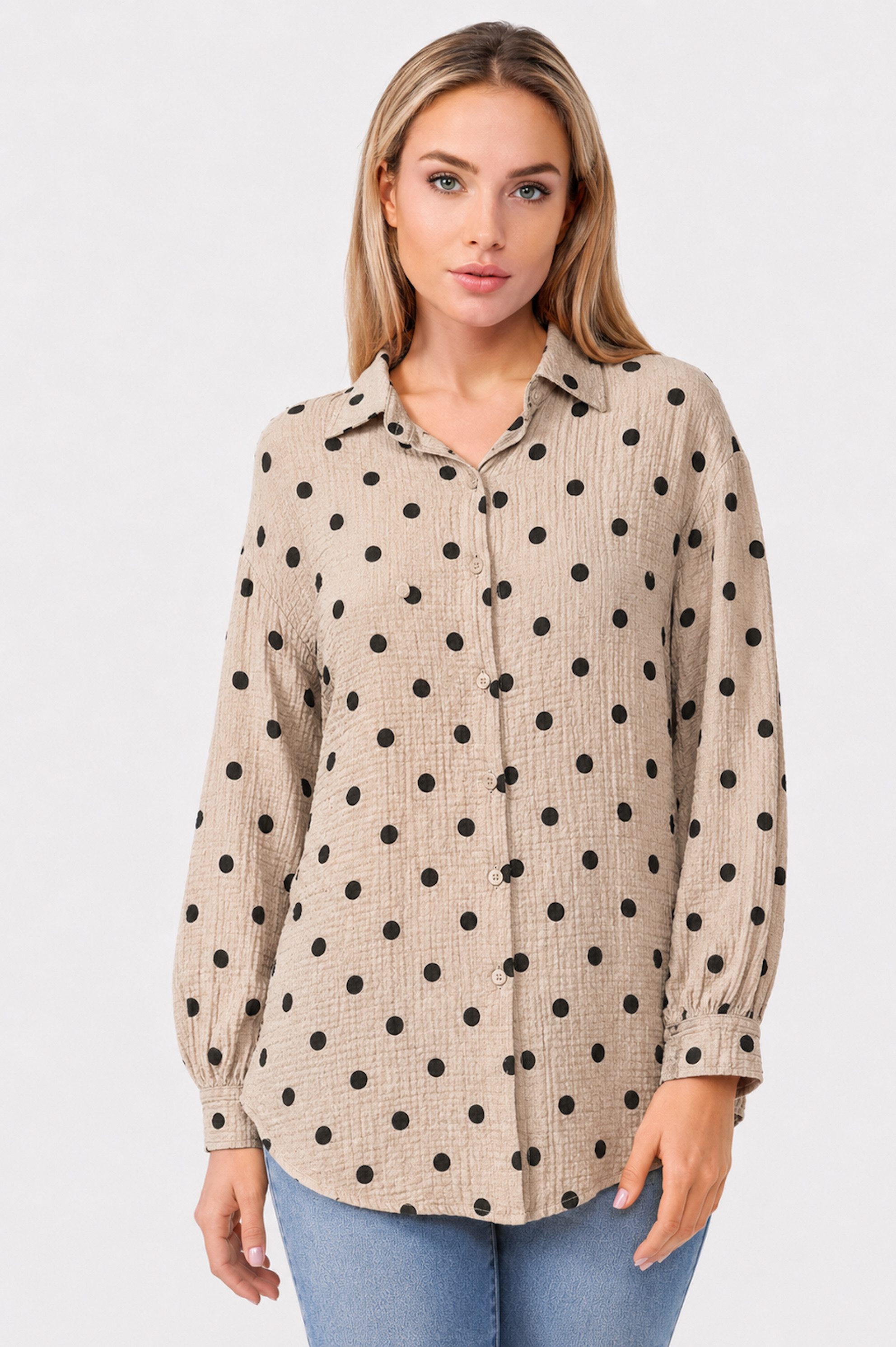 Worldclassca Hemdbluse Worldclassca Musselin Bluse Sommer Polka Dots Langarm Oberteil Punkte Neue Kollektion - Stilvolle und gemütliche Mode für Damen