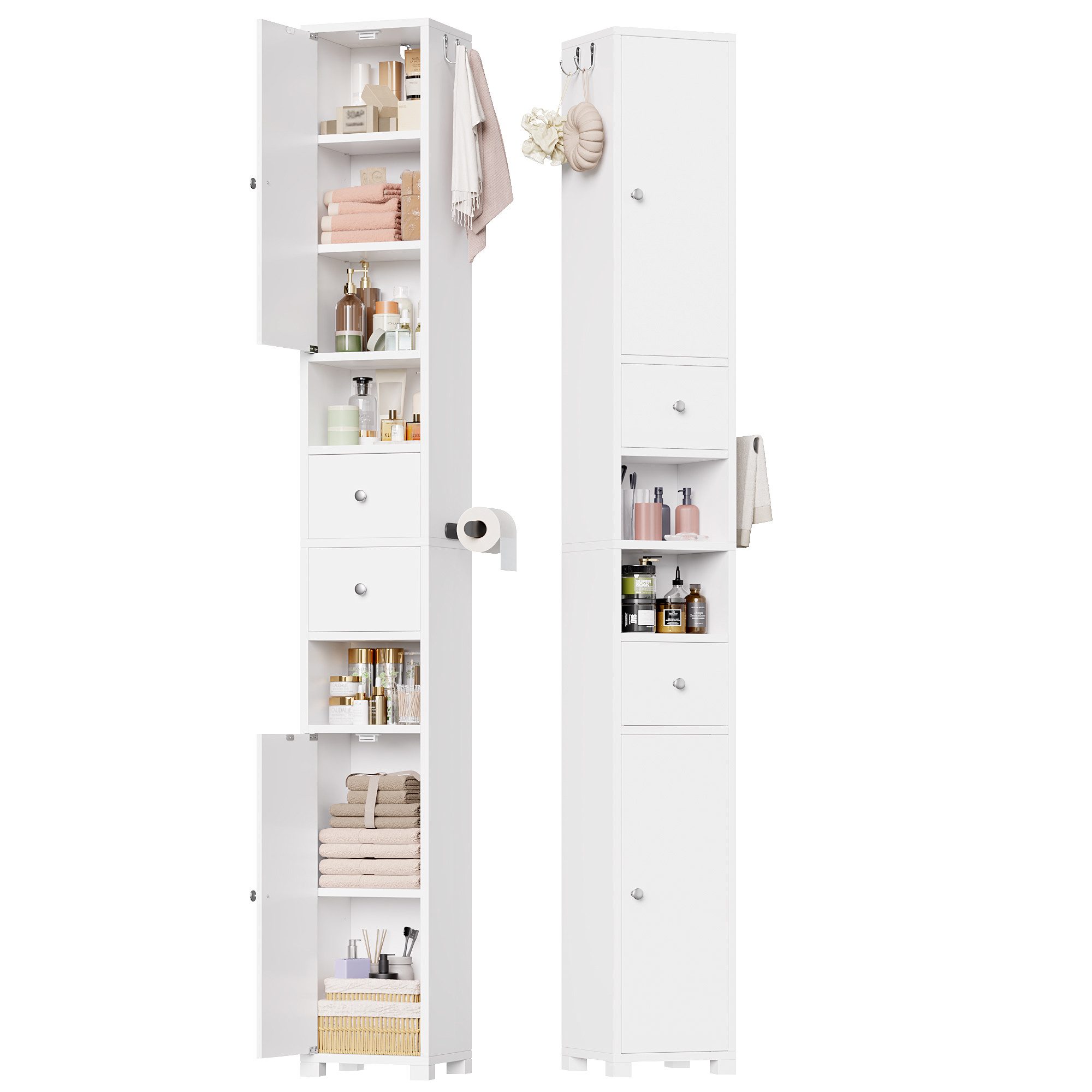 Homfa Hochschrank Badschrank schmal Badezimmerschrank Badregal mit verstellbare Ablagen und Schubladen, rechts oder links