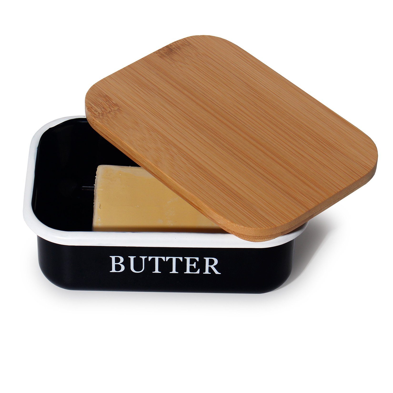 Zedelmaier Butterdose Butterdose,Butterglocke für 250g aus beschichteter Butterdose Metallplatte, Butter,mit x Rand Deckel, Schwarz 1 x rundem Becher, (1 holzdeckel, nachhaltigem HYH001)