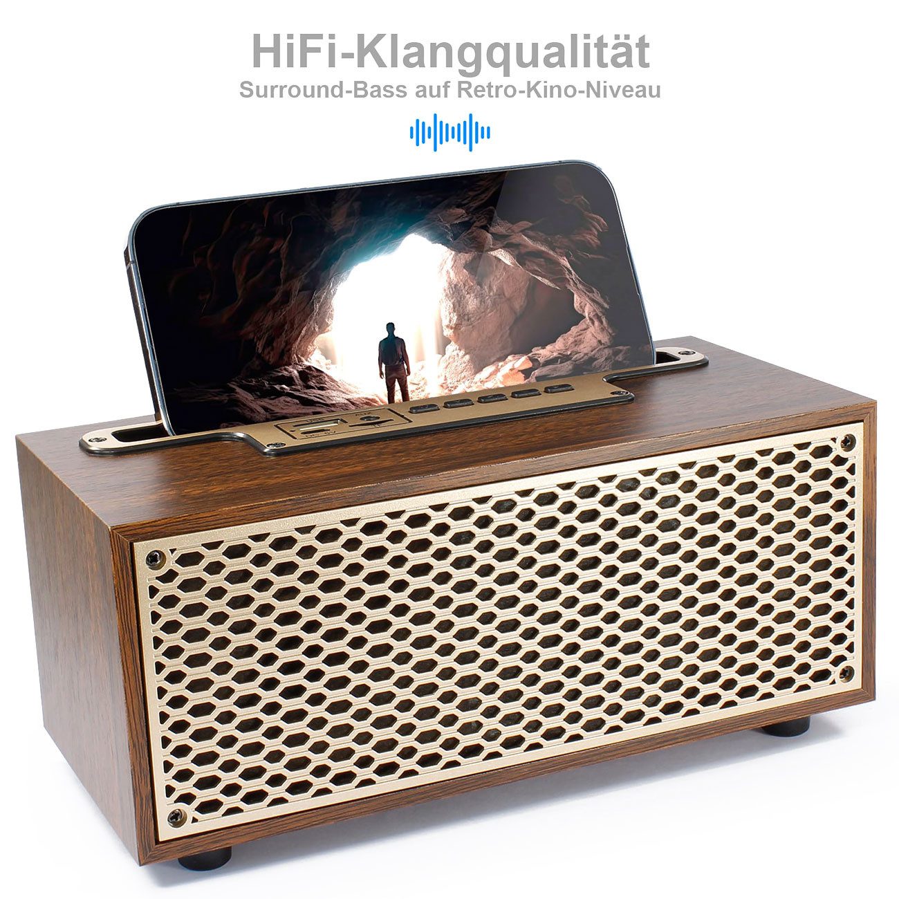 EAXUS XM-5H Vintage Bluetooth Radio Holz FM-Tuner Smartphone-Ablage 5W Retro-Radio (Bluetooth Radio im Holzgehäuse mit FM-Tuner & Smartphone-Ablage)