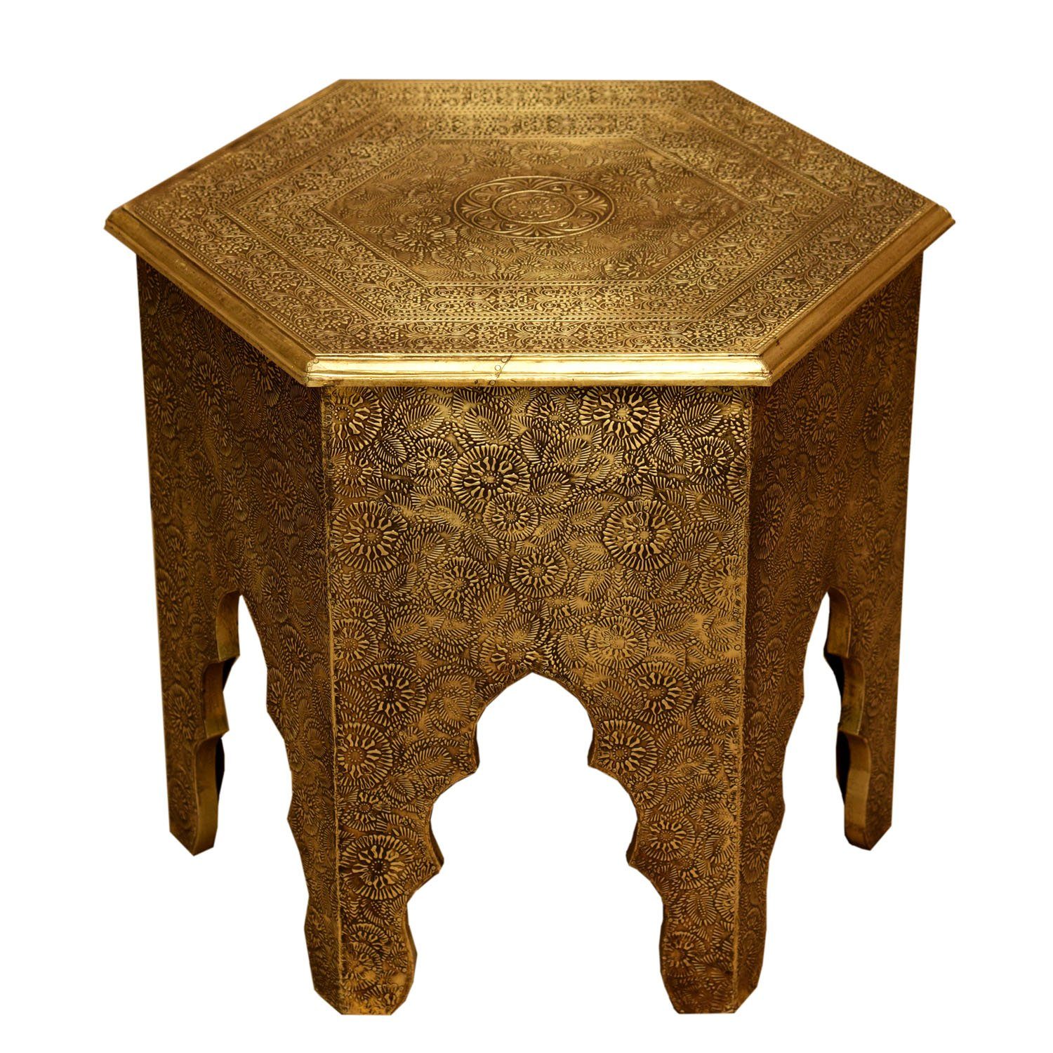 Casa Moro Messingintarsien (Holz Look sechseckig Höhe 46cm in Couchtisch Ø mit Targa Antik marokkanischer verkleidet), komplett Gold Tisch Beistelltisch Orientalischer Sofatisch
