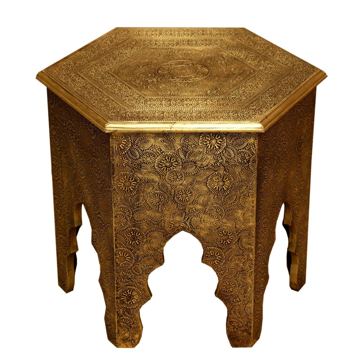 46cm Sofatisch verkleidet), Casa Höhe sechseckig Couchtisch komplett Orientalischer Antik marokkanischer Messingintarsien (Holz mit Moro Beistelltisch Tisch Targa Gold in Ø Look