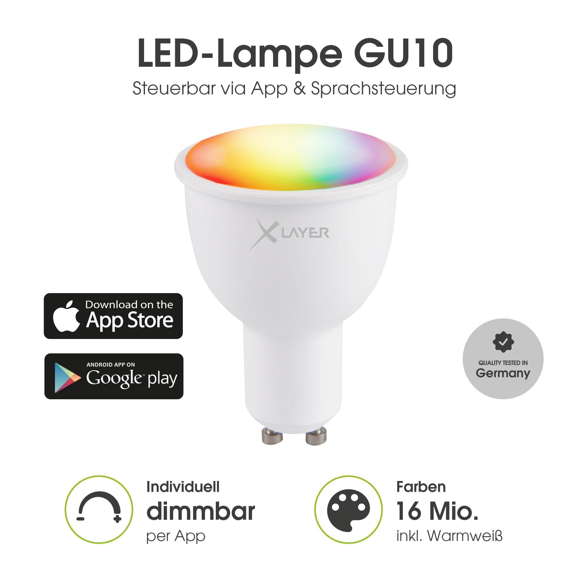 XLAYER Smarte LED-Leuchte WLAN Lampe Mehrfarbig Warmweiß, GU10 LED Echo 4.5W Smart Dimmbar