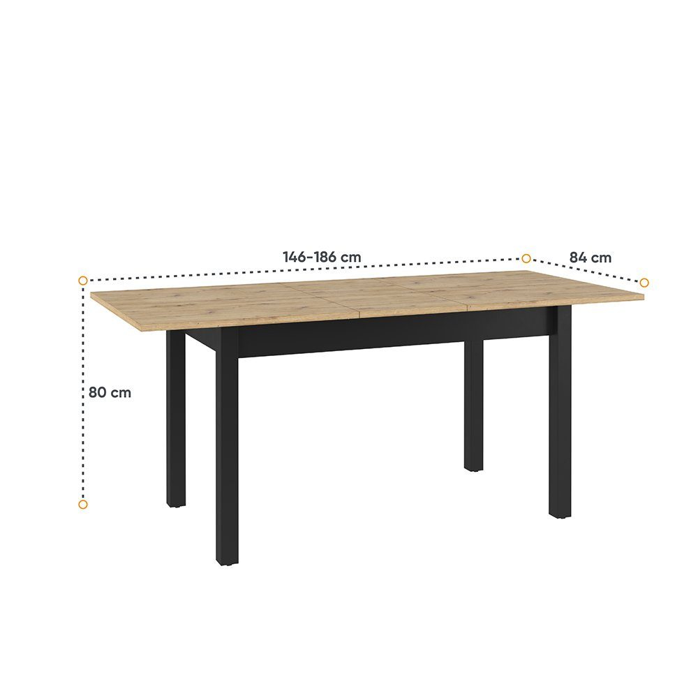 Compleo Esstisch LIMA ausziehbare Loft Tisch, 186 TIsch stil 140 rechteckig - cm
