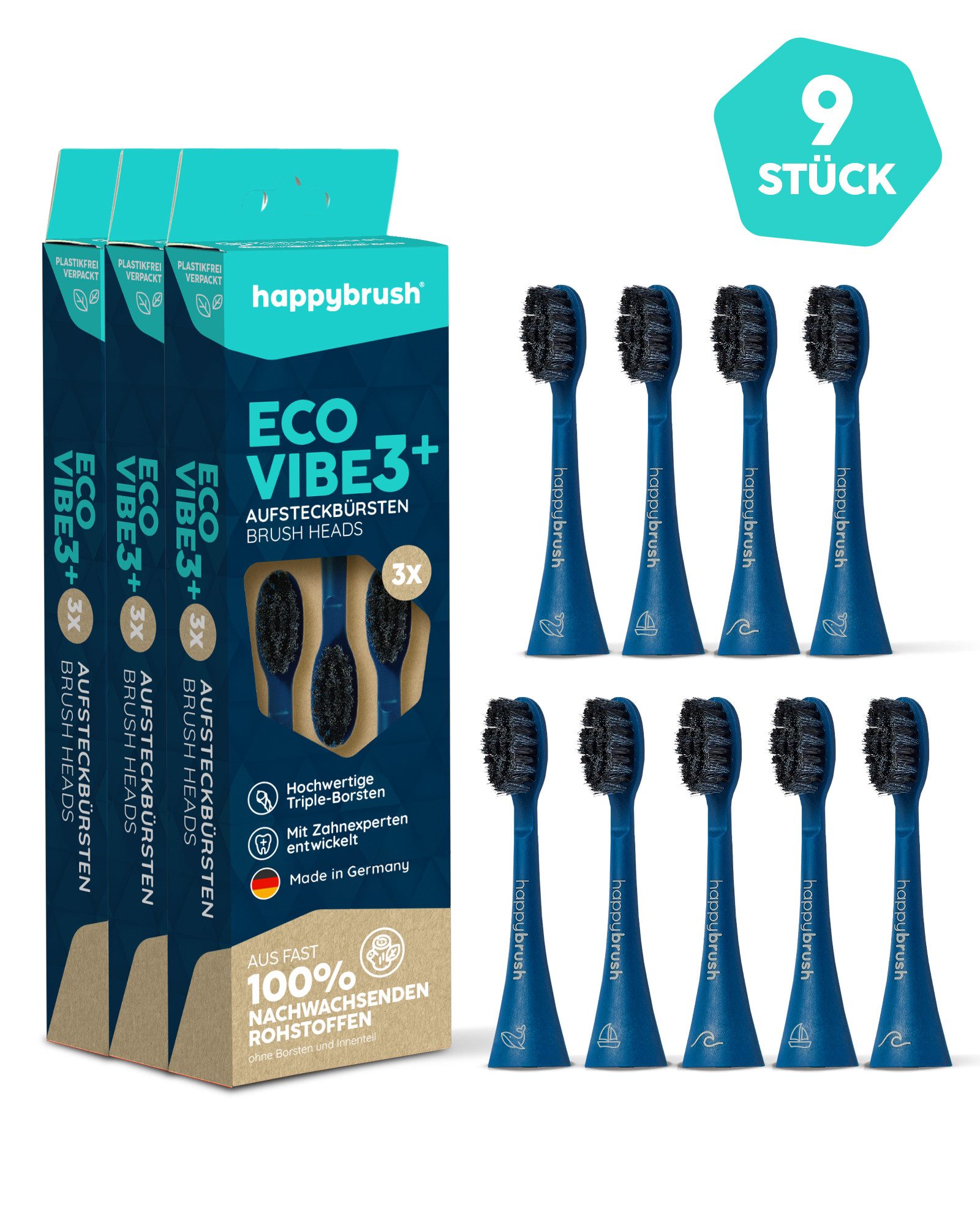 happybrush Aufsteckbürsten 3x3 V3 Ocean, Spar-Set, für happybrush Eco Vibe 3, hochwertige Triple-Borsten, Wechselindikator