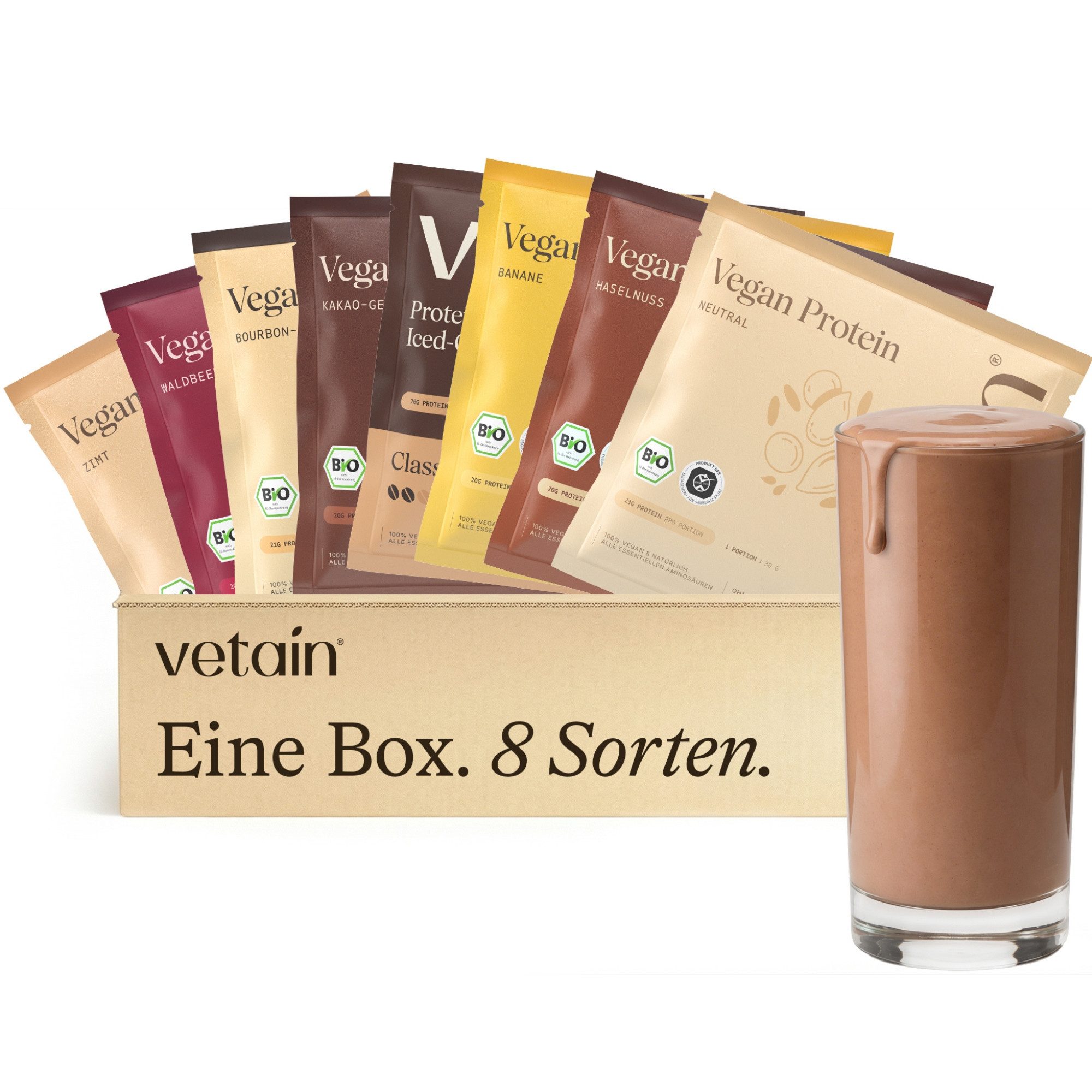 VETAIN Protein Pulver Probierpaket - 8 x 30g - 100% Bio & Vegan - Pulver, Fermentiert, frei von raffiniertem Zucker & künstlichen Süßstoffen