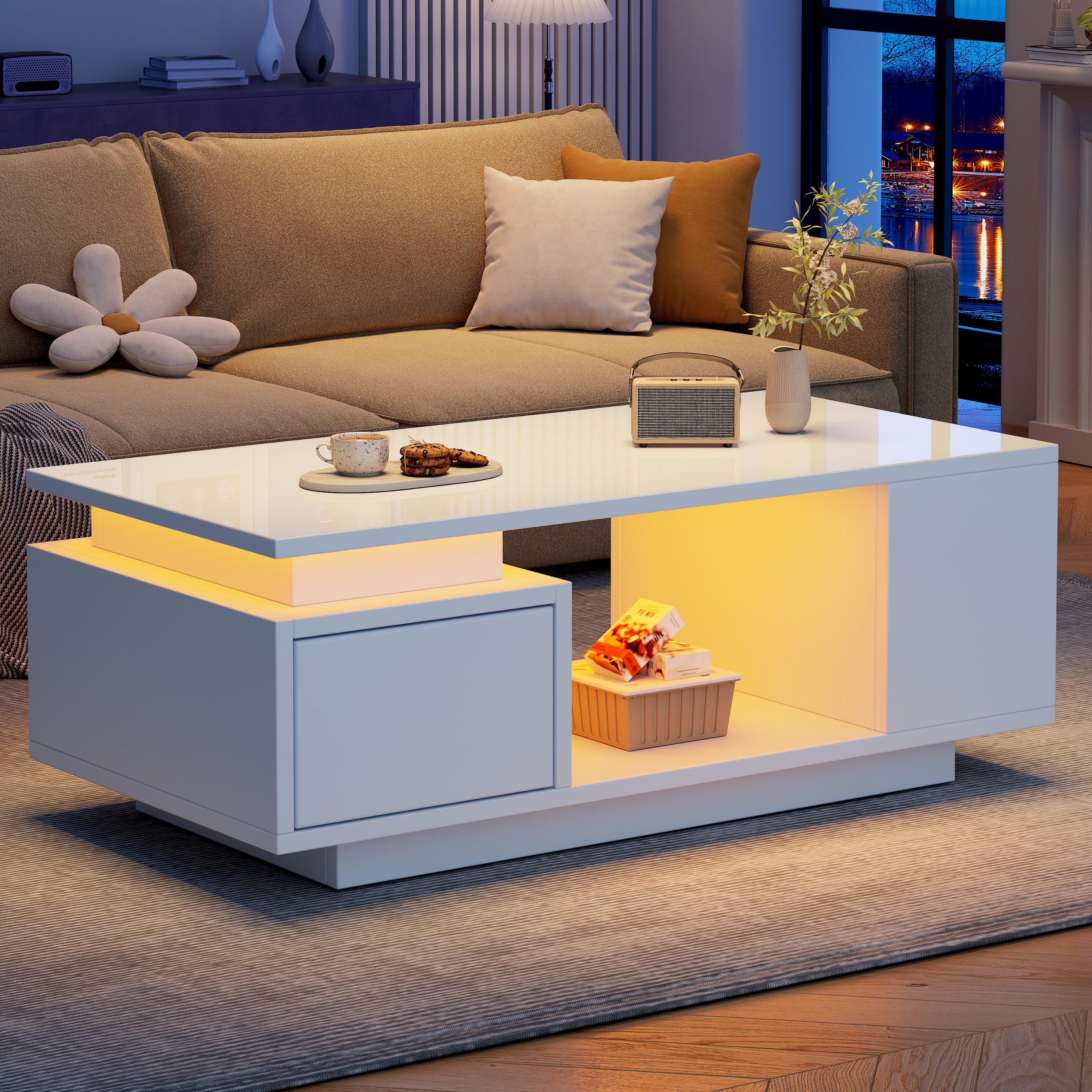 Merax Couchtisch hochglanz Sofatisch Beistelltisch mit LED-Beleuchtung (1-St), Wohnzimmertisch mit Schublade & seitlichem Stauraum, 100x50x36cm