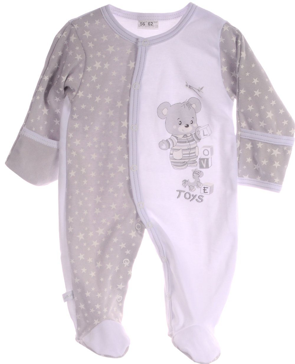 Strampler Overall mit Kratzschutz Baby Schlafanzug in Grau mit Bärchen