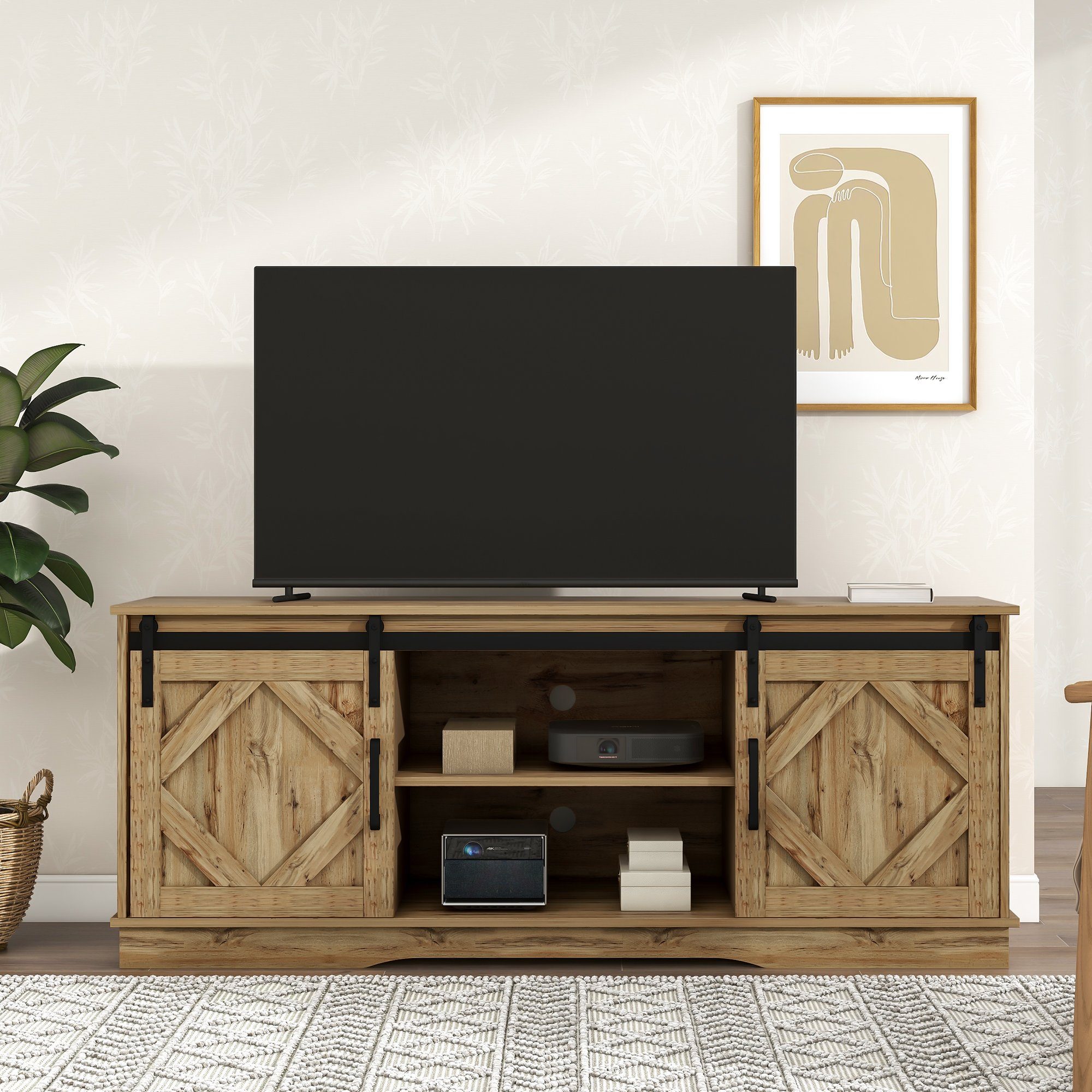 2 weiβ/braun einstellbare Odikalo TV Stand Regale Schiebetüren, Sideboard TV-Schrank mit