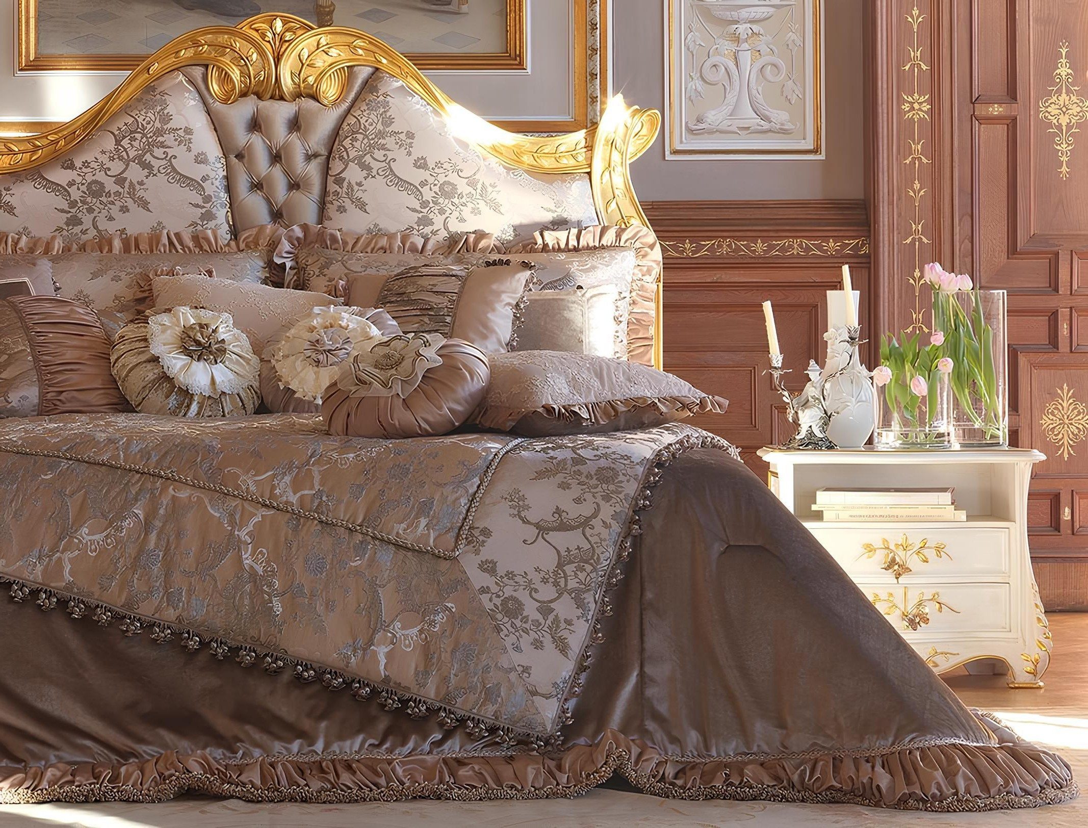 Xlmoebel Polsterbett Chesterfield Bett mit goldener Samtpolsterung und elegantem Kopfteil (1-tlg., Bettkopfteil), Hergestellt in Italia