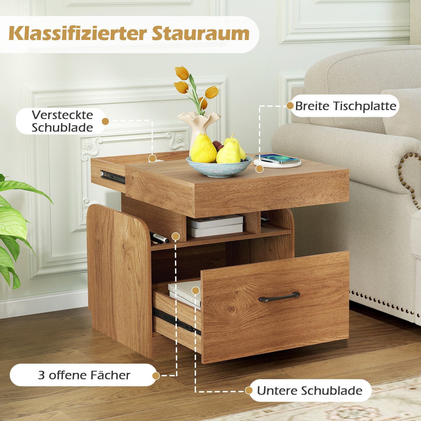 KOMFOTTEU Nachttisch, Nachtkommode mit Geheimfach, Schublade & Ladestation günstig online kaufen