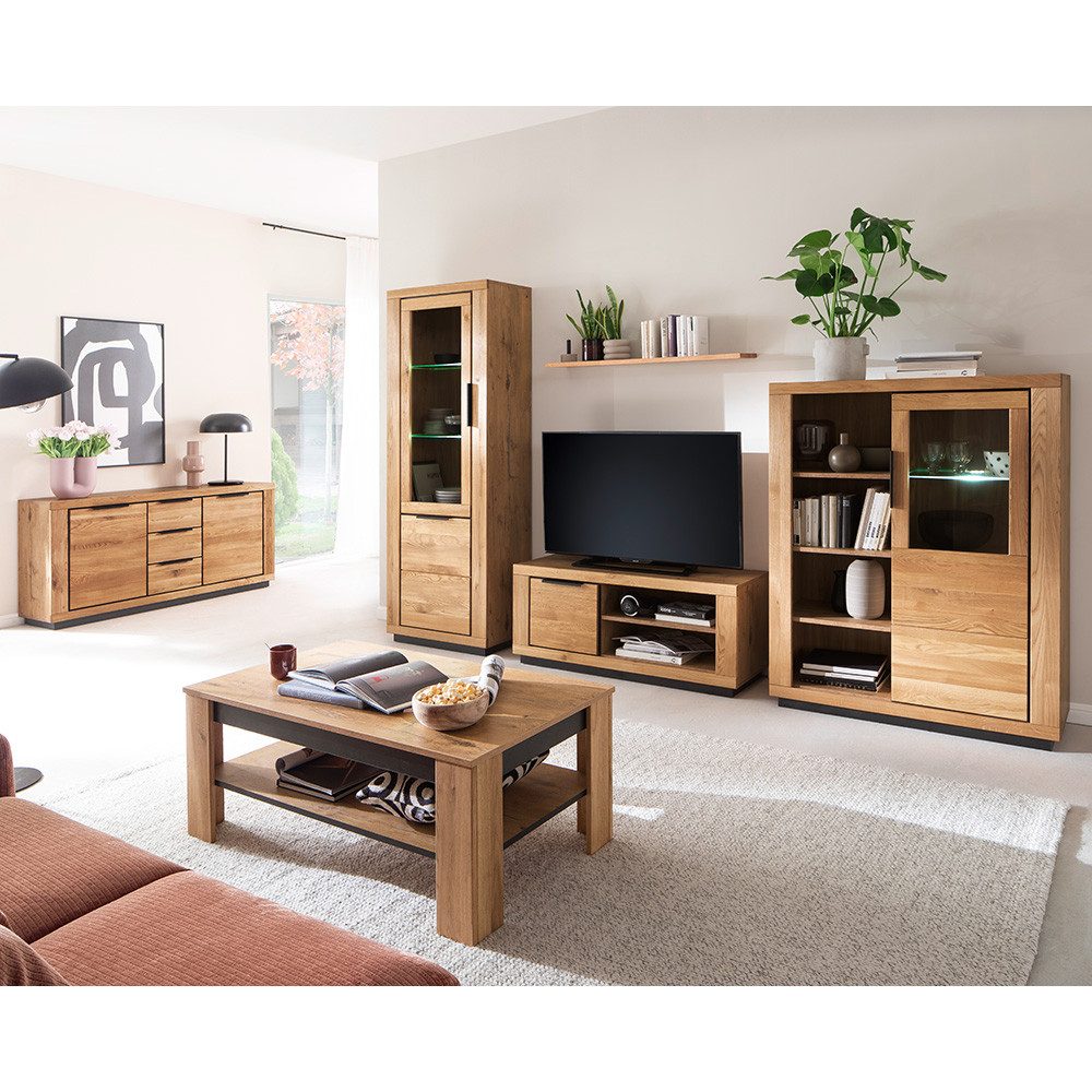 Lomadox Wohnwand GIUSTINO-06, (6-St., Sideboard Vitrine Wandboard Lowboard Highboard Couchtisch), Eiche teilmassiv geölt, Massivholzfronten, LED-Beleuchtung
