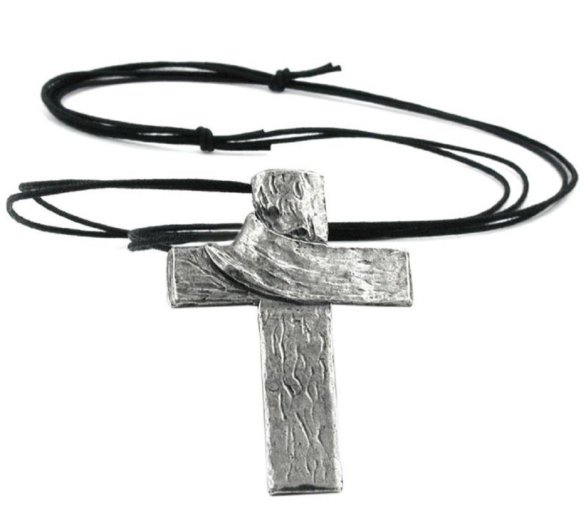 Collier Kette mit Zinn-Anhänger Kreuz mit Tuch Baumwollkordel schwarz 110 cm
