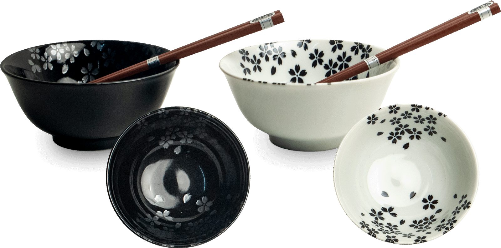 WestCraft Suppenschale Porzellan Bowl-Set „Kawaii Cat“ – 2 Schalen mit Stäbchen Made in Japan, Porzellan, (4-tlg), Japanisches Geschenkset mit Blumenmotiv – Schalen schwarz und weiß