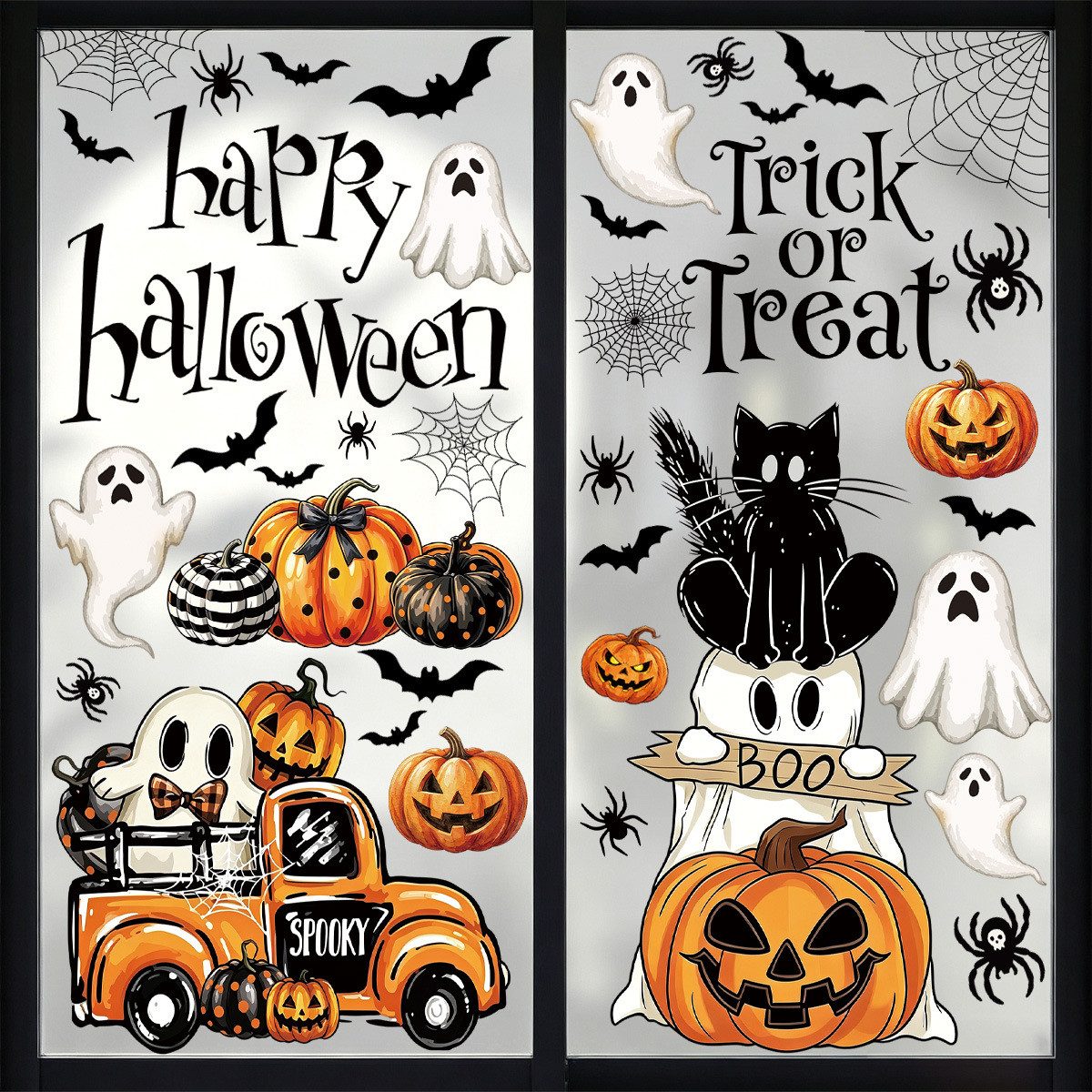 Sorvyzxn Fenstersticker Halloween Fenstersticker 87-teilig, Kürbis, Schwarze Katze & Geist, Beidseitige Fensterdeko für Halloween-Partys & Zuhause