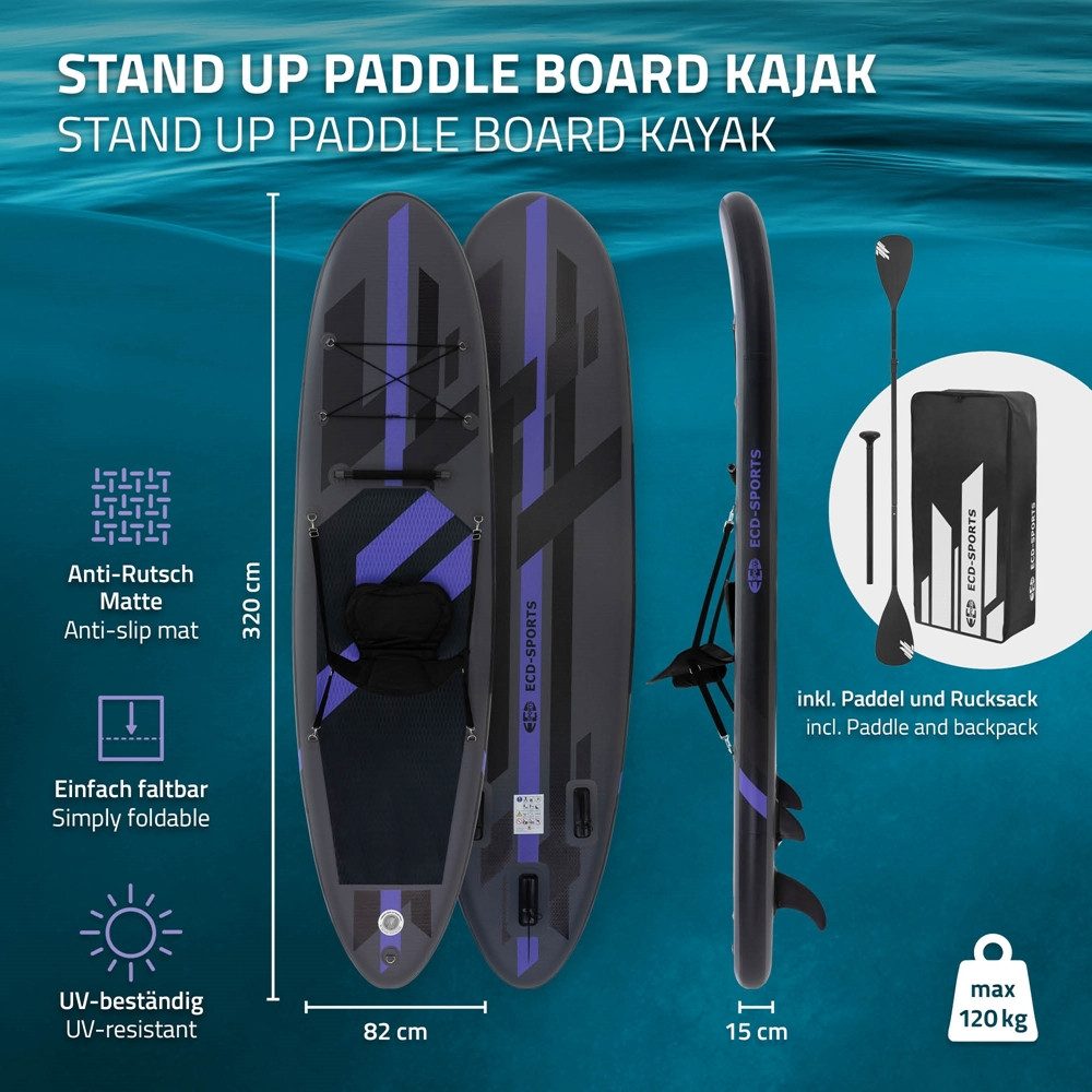ECD Germany SUP-Board Aufblasbares SUP Board mit Kajaksitz inkl Komplett Set Paddle Board, Stand-Up Paddle-Board, Aufblasbares Surfboard Schwarz mit Kajaksitz & Anti-Rutsch Belag