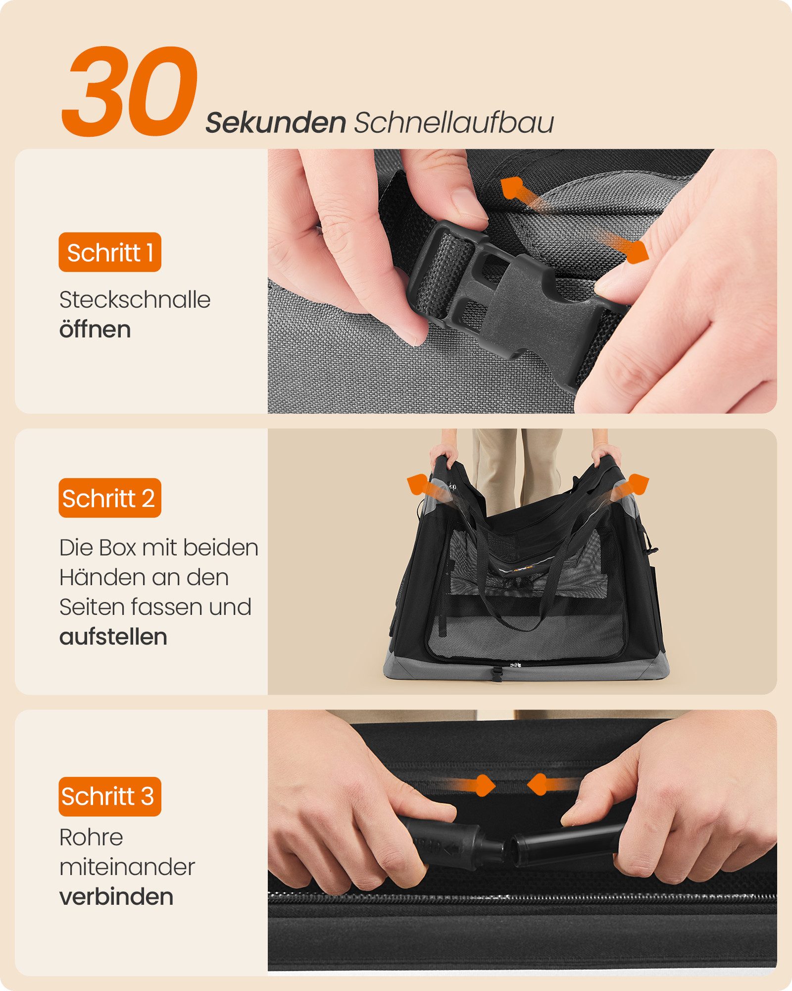 FEANDREA Hunde-Transportbox Hundebox faltbar, Hundetasche, Oxford-Gewebe, tintenschwarz-taubengrau, mit 4 Türen aus Netzstoff, Griffen, Tasche, 60 cm, für kleine Hunde