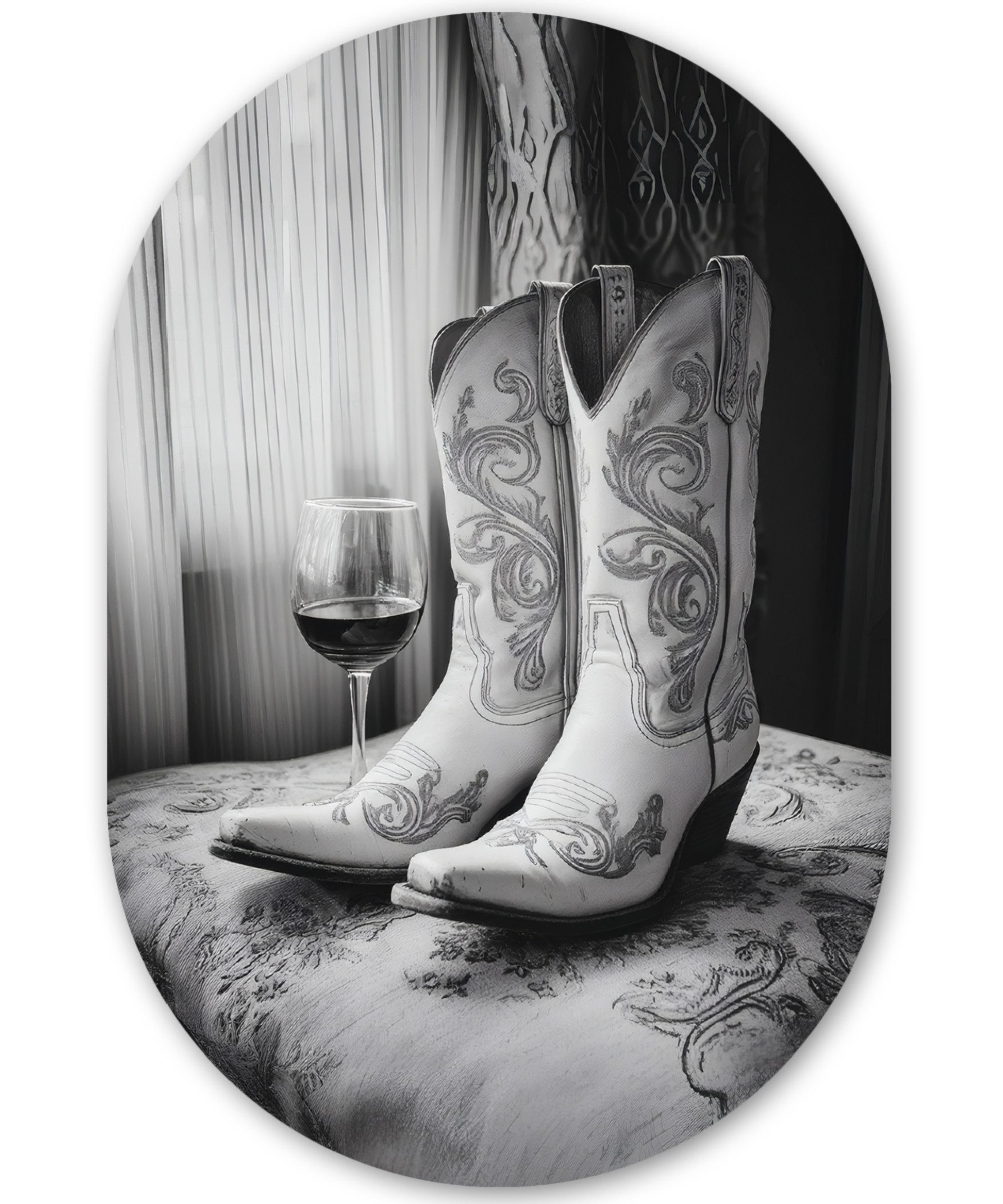 MuchoWow Gemälde Wein - Cowboystiefel - Fensterlicht - Weiß, Fotodruck (1 St), Wandbild Oval, Wohnzimmer oder Schlafzimmer Wanddekoration, 40x60 cm