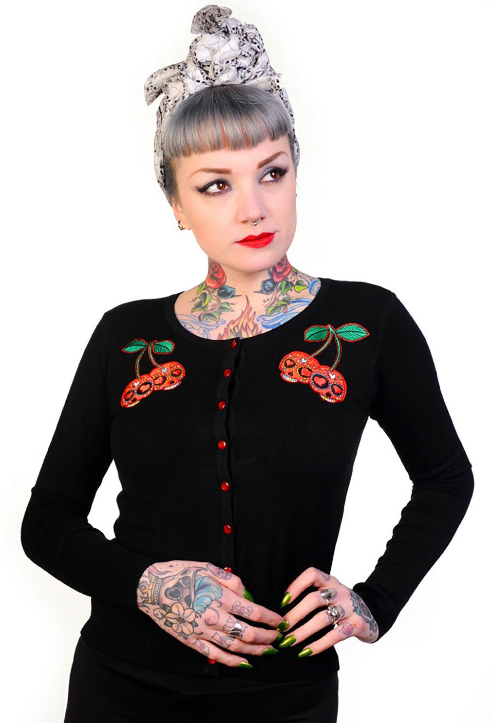 Banned Strickjacke Cherry Skulls Totenkopf Kirsche Cardigan günstig online kaufen