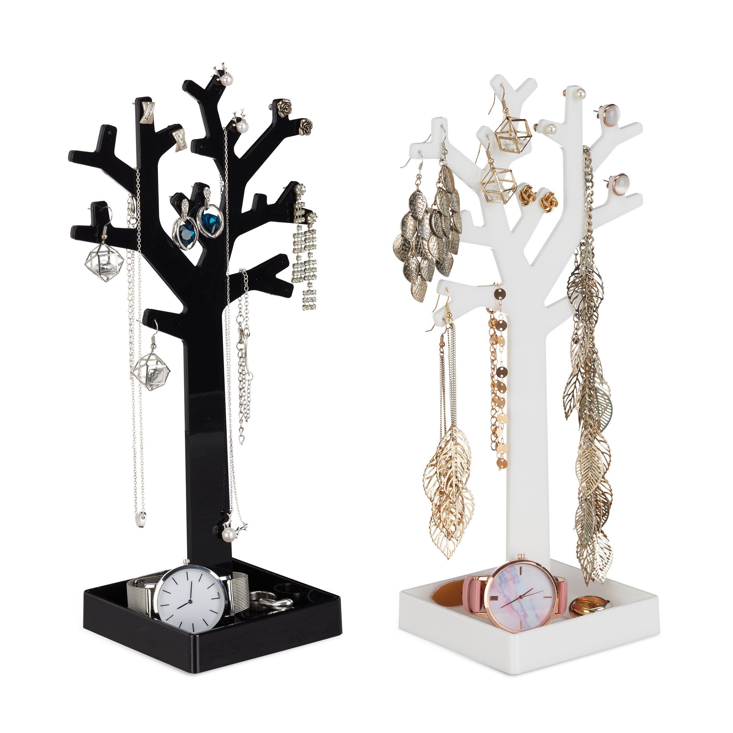 relaxdays Schmuckständer Baum 2er Set, Schwarz-Weiss