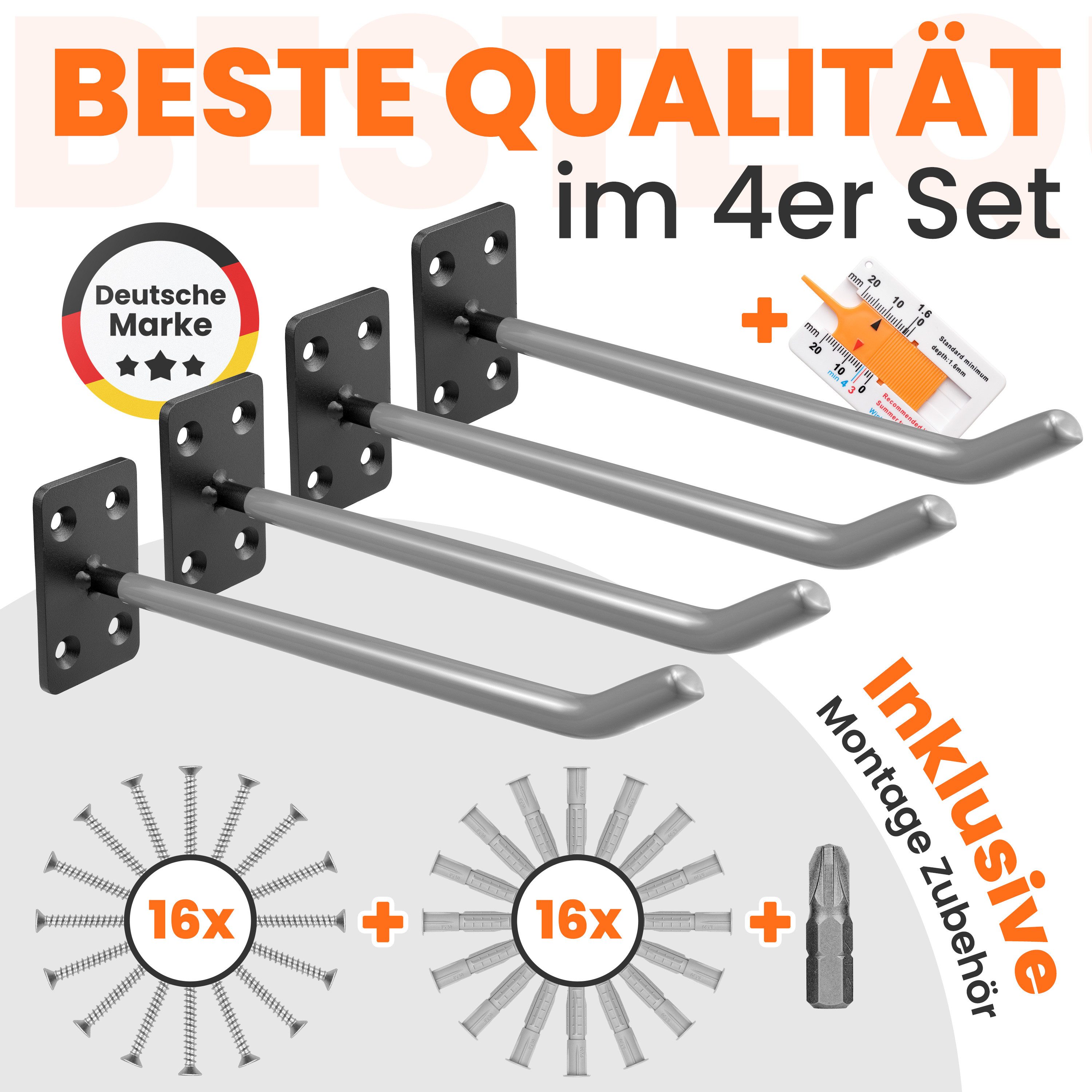 JK Trade Reifen-Wandhalterung 4er Set für Auto Felgen bis 40 kg, (bis 22 Zoll, 4x Reifenhalterung, 16x Schrauben & Dübel, Torx & Profiltiefenmesser, Massiver Stahl mit rutschfester Gummierung)