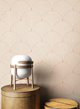 Newroom Vliestapete, Gold Tapete Modern Bogen - Mustertapete Ästhetik Rosegold Weiß Boho Art déco Linien für Wohnzimmer Schlafzimmer Küche