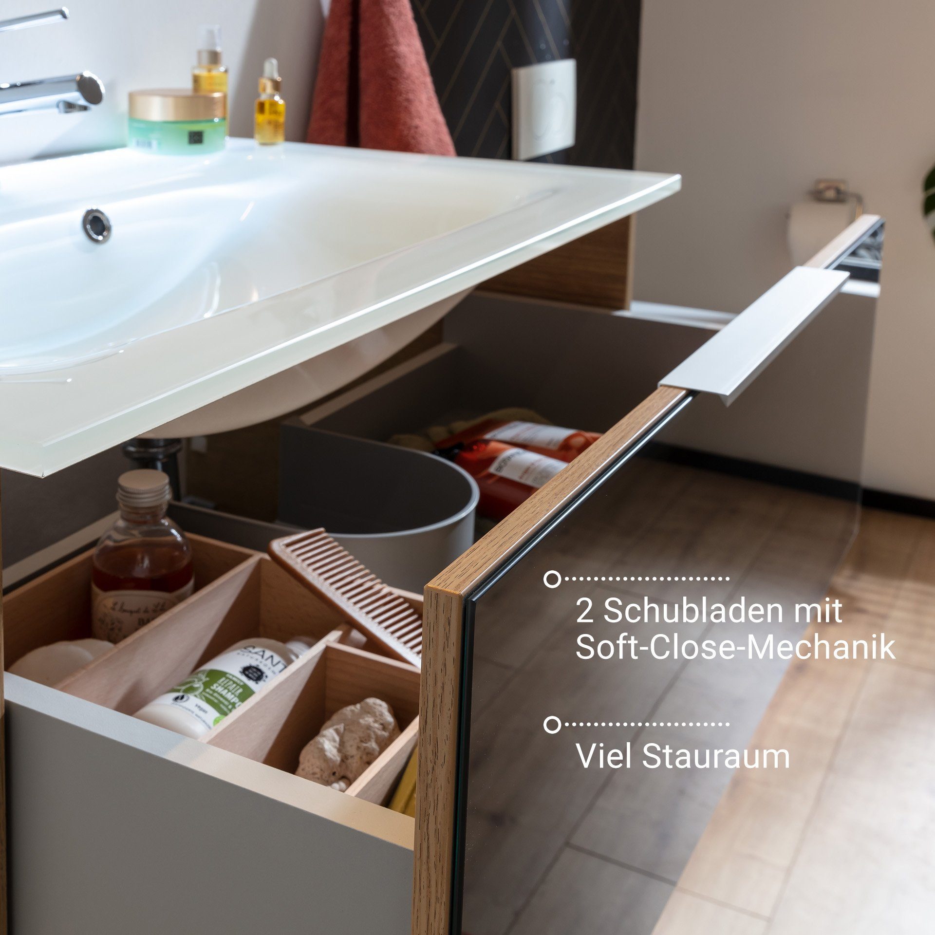 FACKELMANN Waschbeckenunterschrank B.Brillant Waschbeckenunterschrank + weißem Waschbecken aus Glas